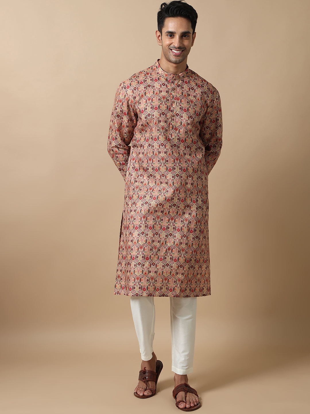 

FILORI Ethnic Motifs Woven Design Mandarin Collar Straight Kurta, Beige
