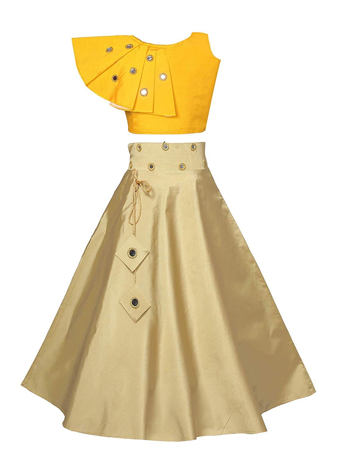 

BAESD Girls Embroidered Mirror Work Ready to Wear Lehenga Choli, Yellow