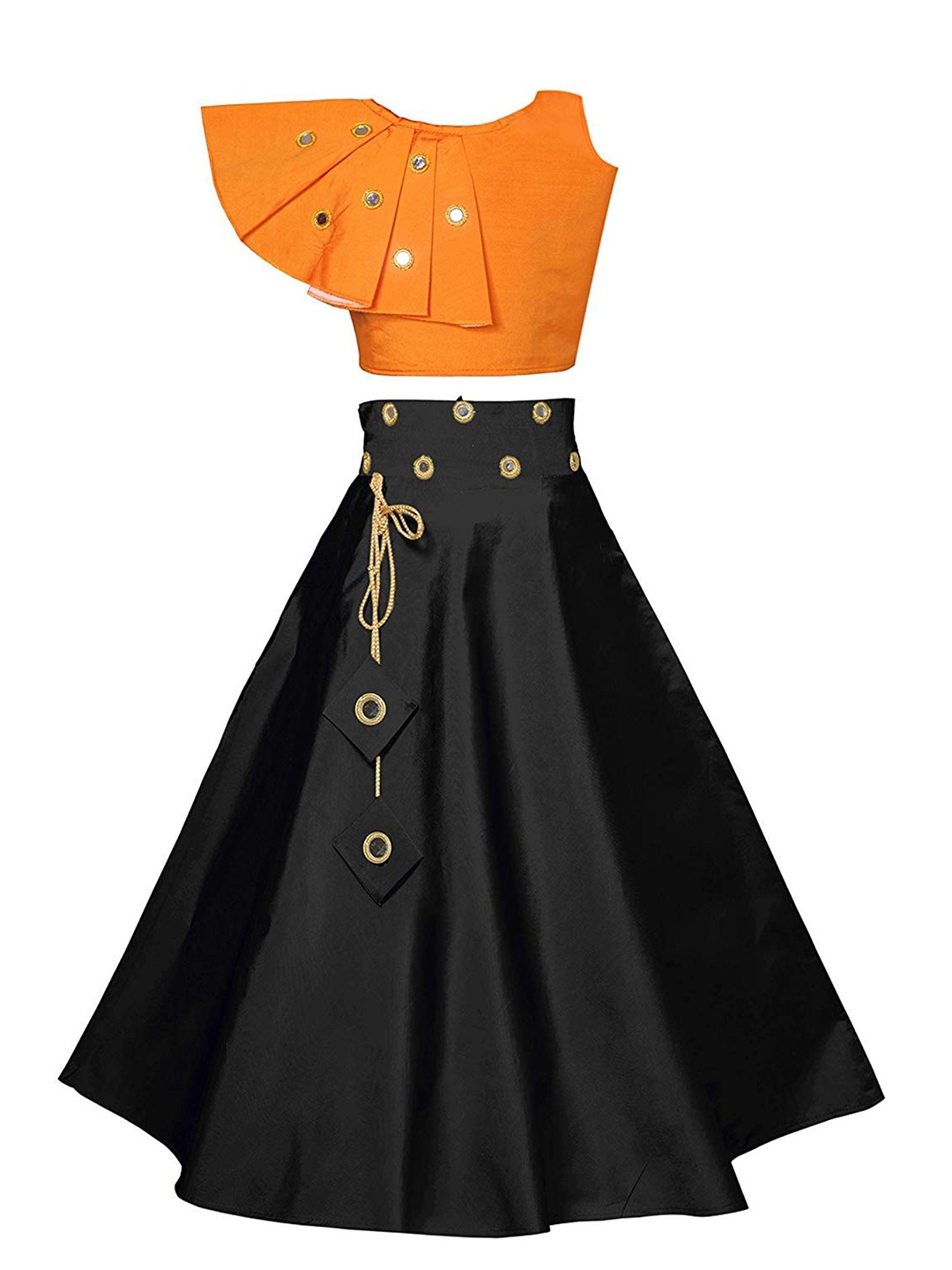 

BAESD Girls Mirror Work Ready to Wear Lehenga Choli, Orange