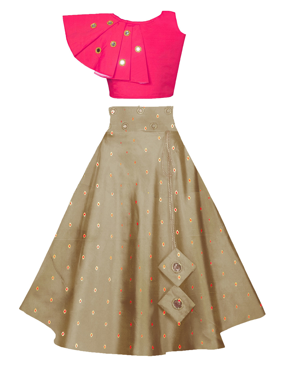

BAESD Girls Jacquard Mirror Work Ready to Wear Lehenga & Blouse, Pink