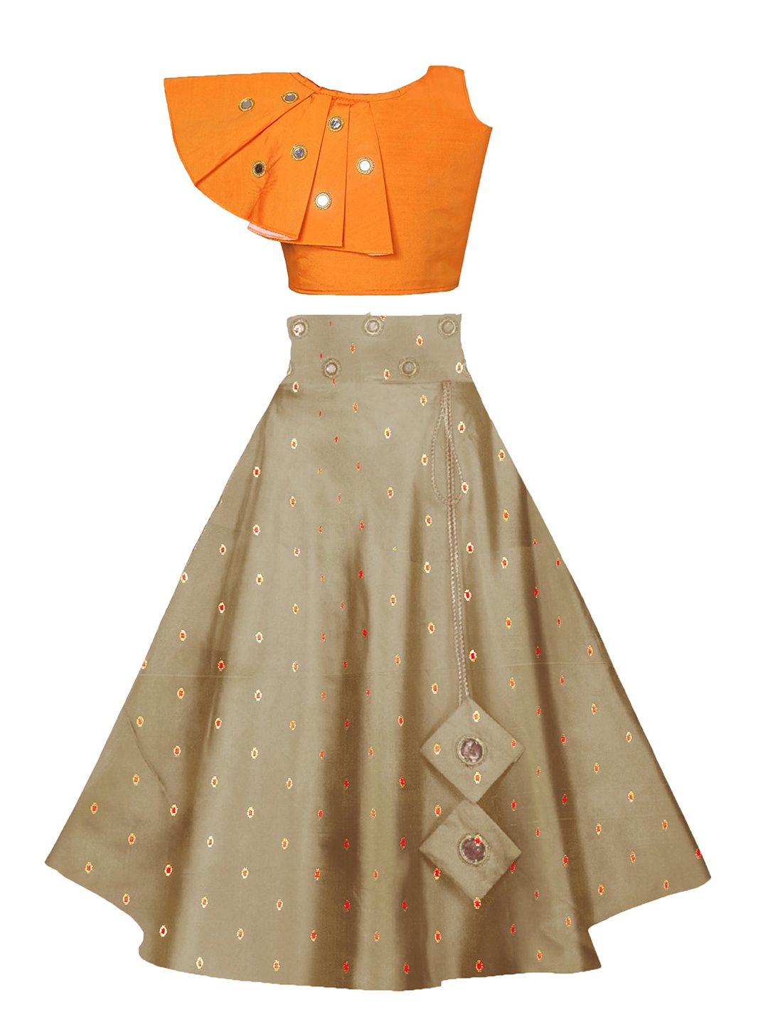 

BAESD Girls Embellished Mirror Work Ready to Wear Lehenga Choli, Orange