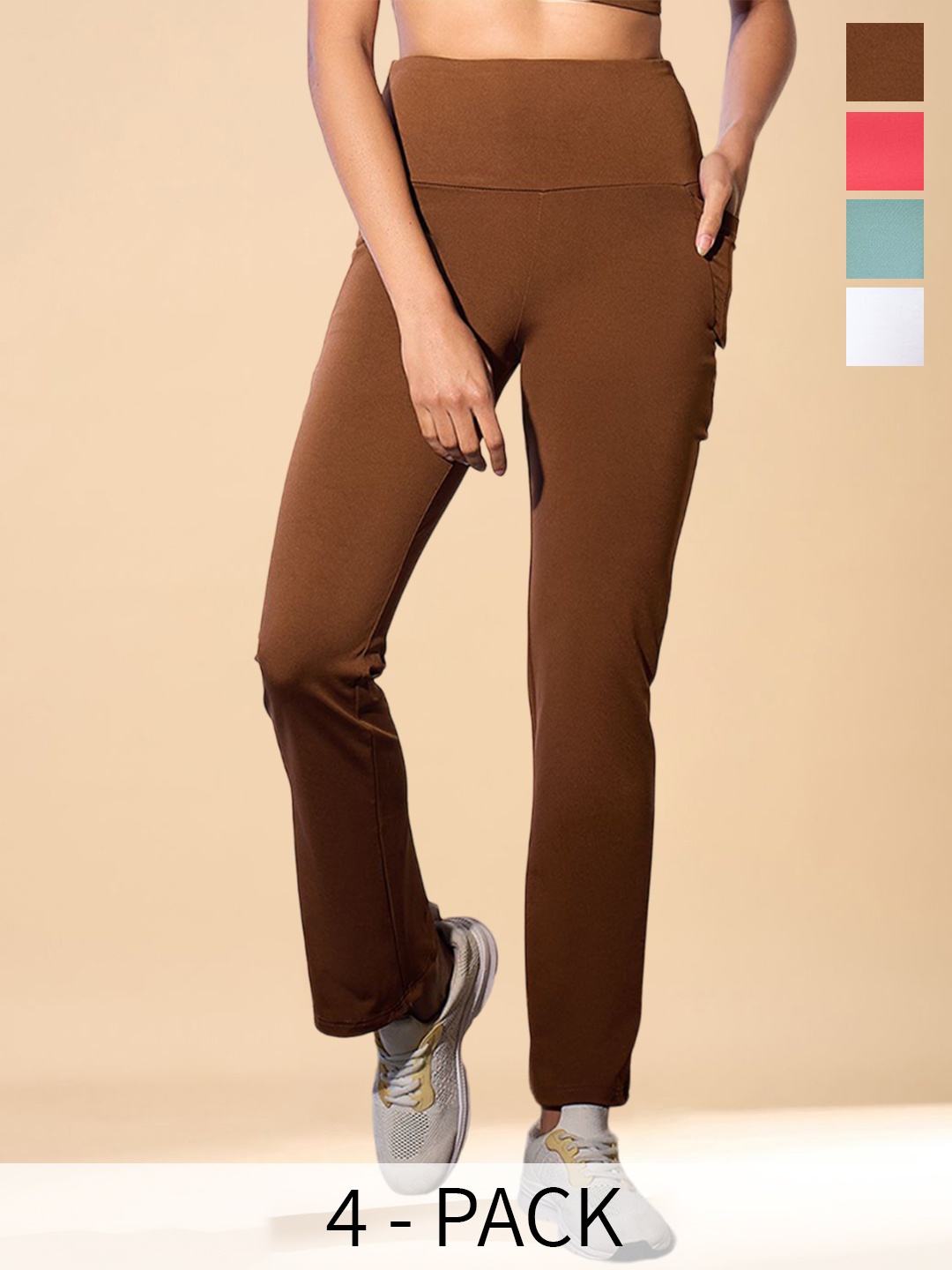 

COLOR CAPITAL Women Pack of 4 Ankle-Length Antimicrobial Gym Tights, Coffee brown