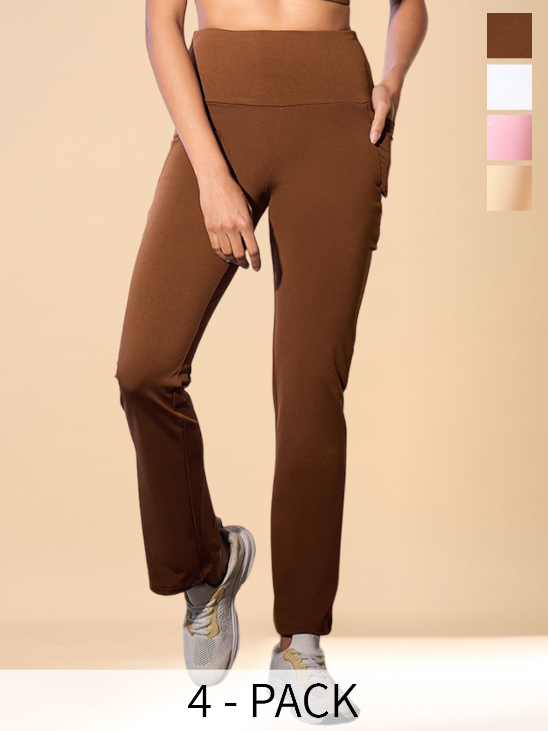 

COLOR CAPITAL Pack of 4 Ankle-Length Antimicrobial Gym Tights, Coffee brown