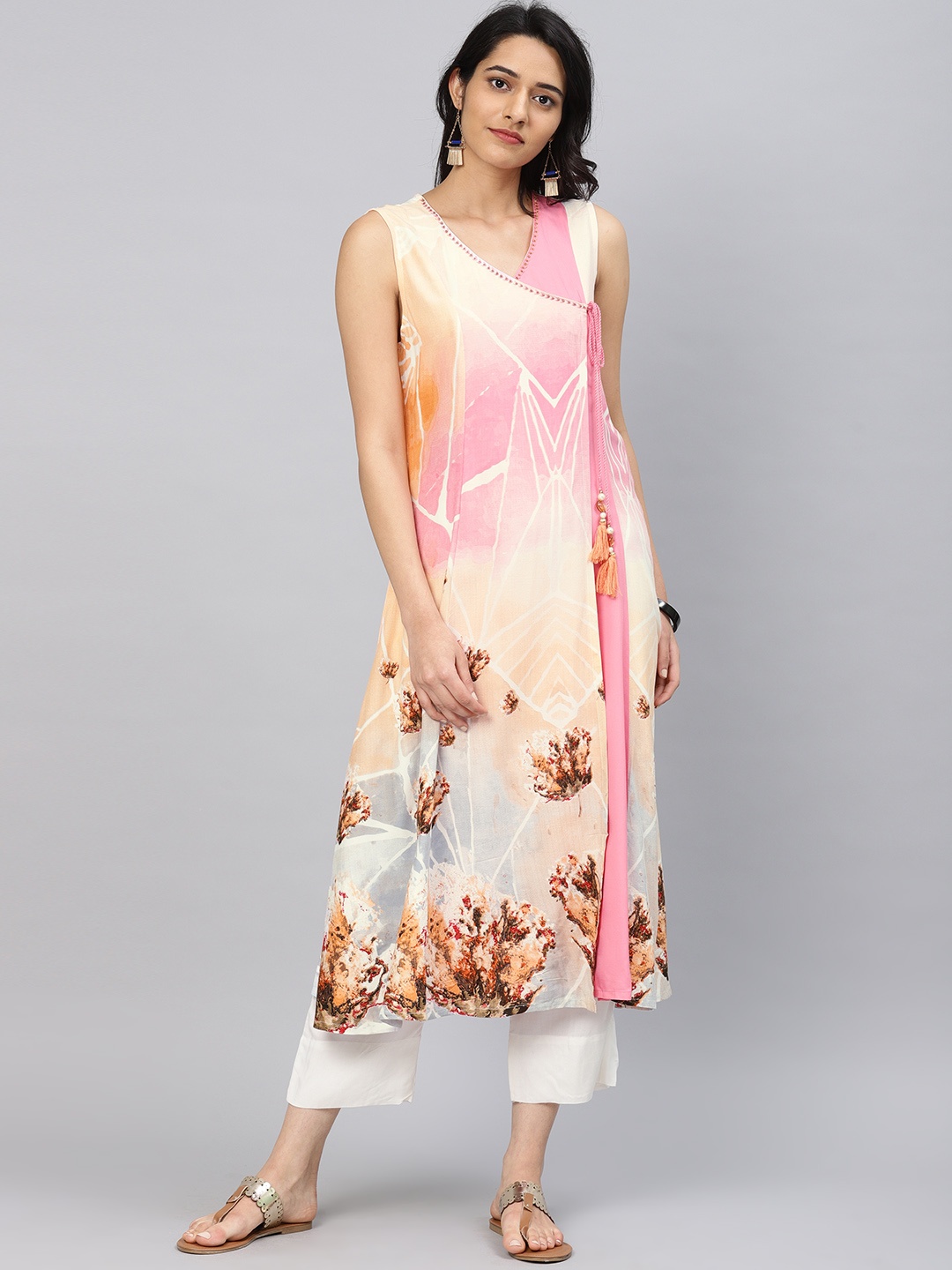

Shree Women Peach-Coloured & Pink Angrakha Printed A-Line Kurta