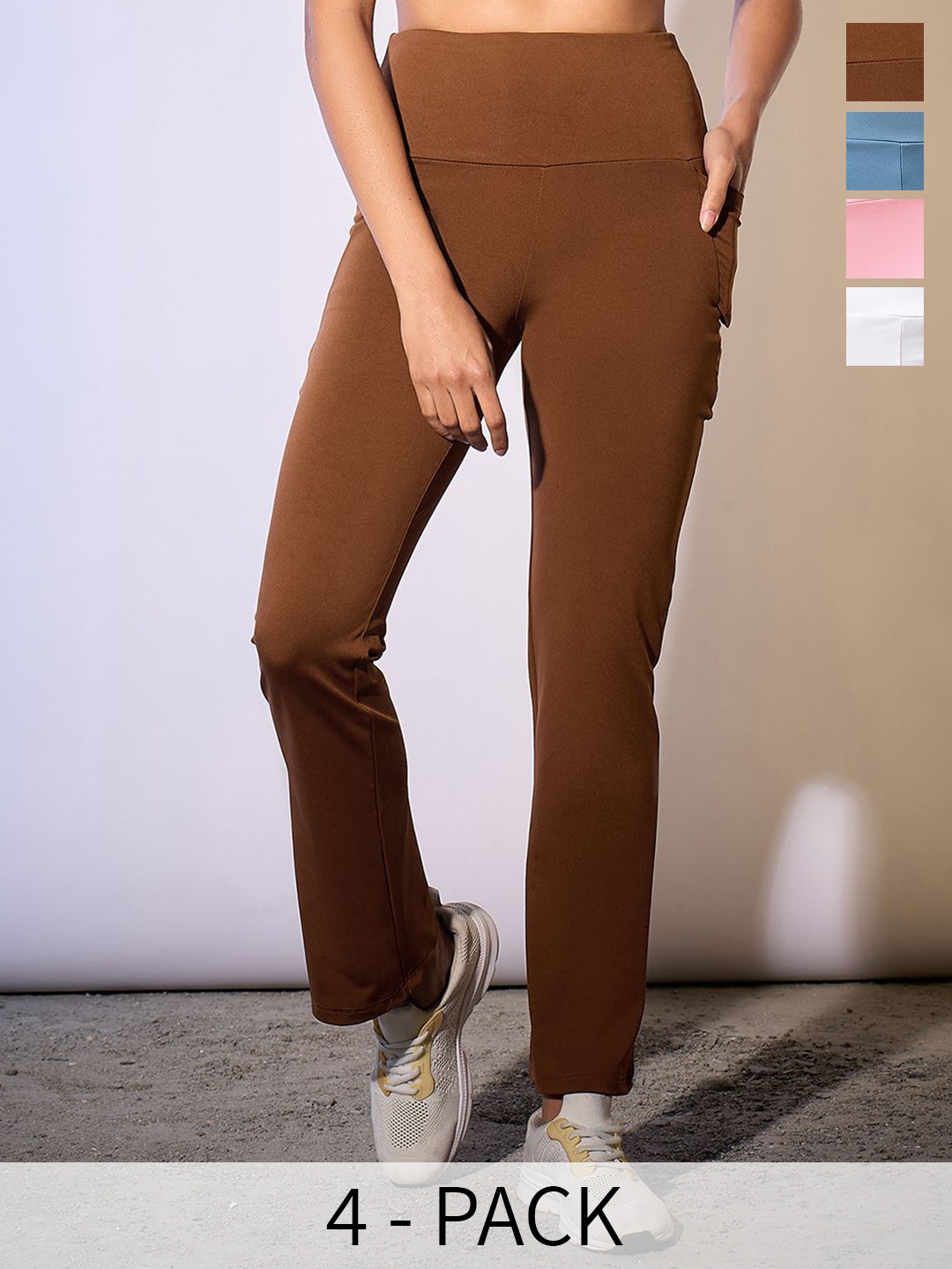 

COLOR CAPITAL Women Pack of 4 Slim-Fit Ankle-Length Antimicrobial Gym Tights, Coffee brown