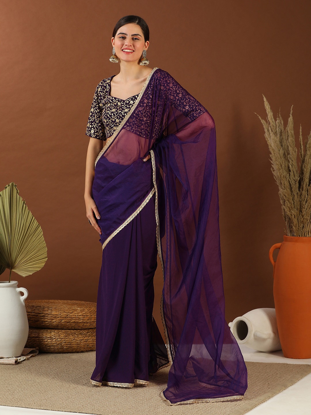 

Inddus Zari Organza Saree, Purple