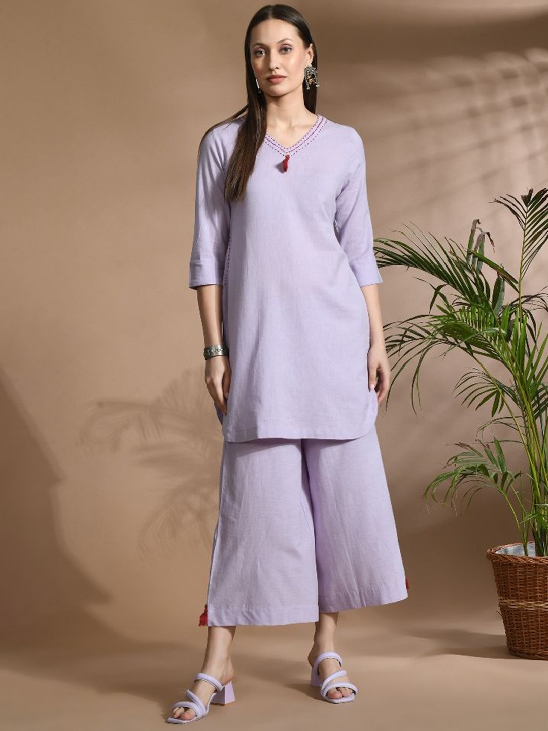 

aayusika V-Neck Three-Quarter Sleeves Tunic With Trousers, Mauve