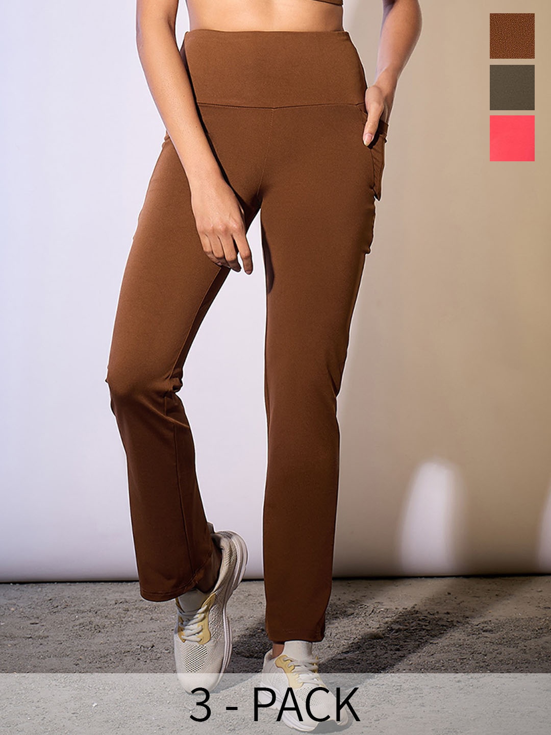 

COLOR CAPITAL Pack of 3 Slim-Fit Ankle-Length Gym Tights, Coffee brown