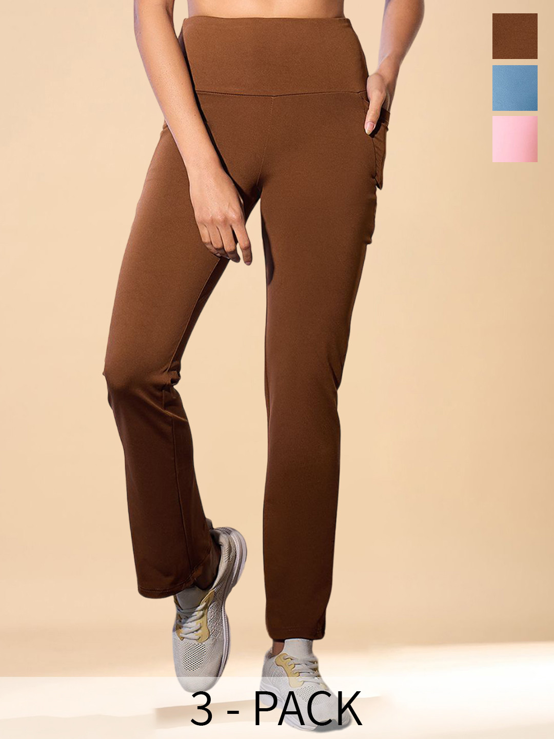 

COLOR CAPITAL Women Pack Of 3 Ankle-Length Antimicrobial Gym Tights, Brown