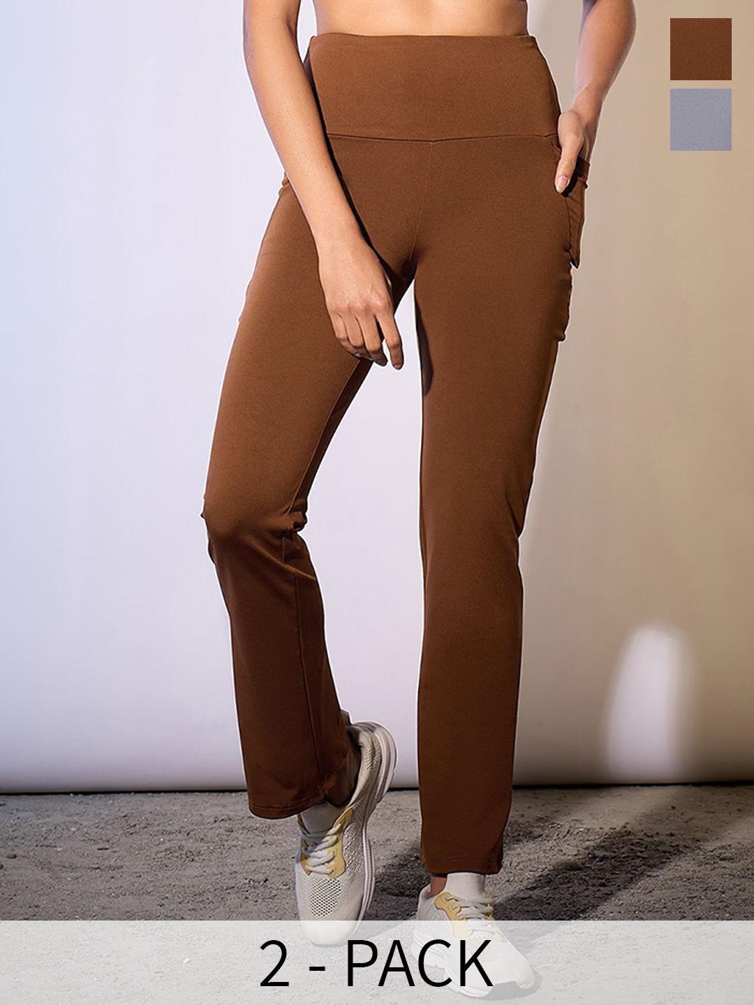 

COLOR CAPITAL Pack Of 2 Slim-Fit Ankle-Length Gym Tights, Coffee brown