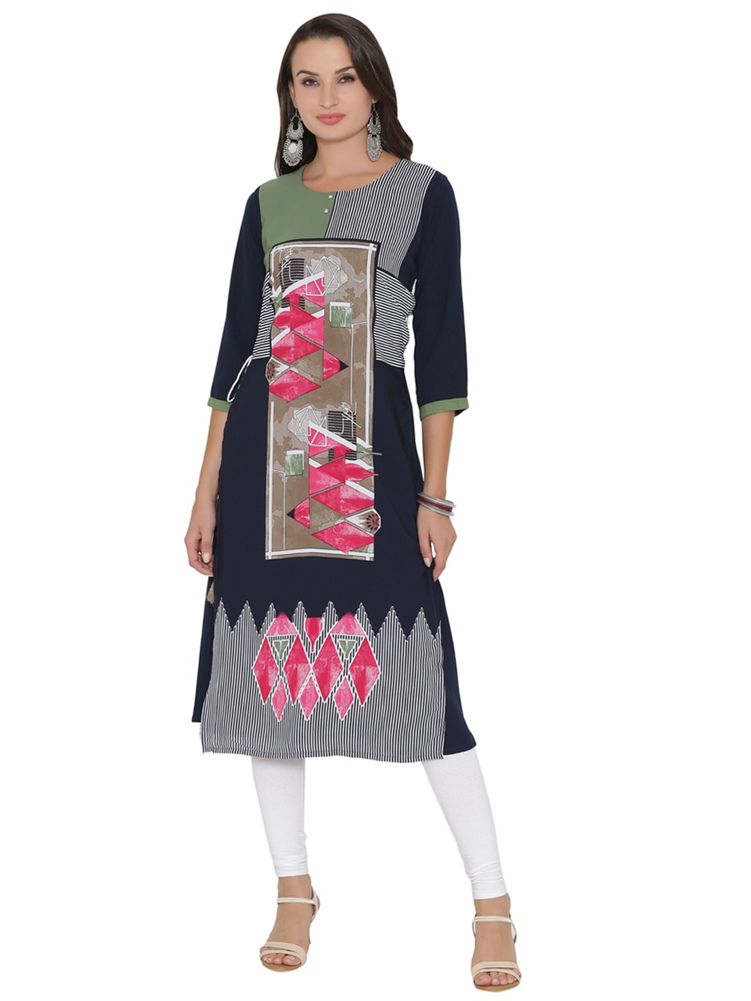 

Shree Women Navy & Olive Green Printed Layered A-Line Kurta, Navy blue