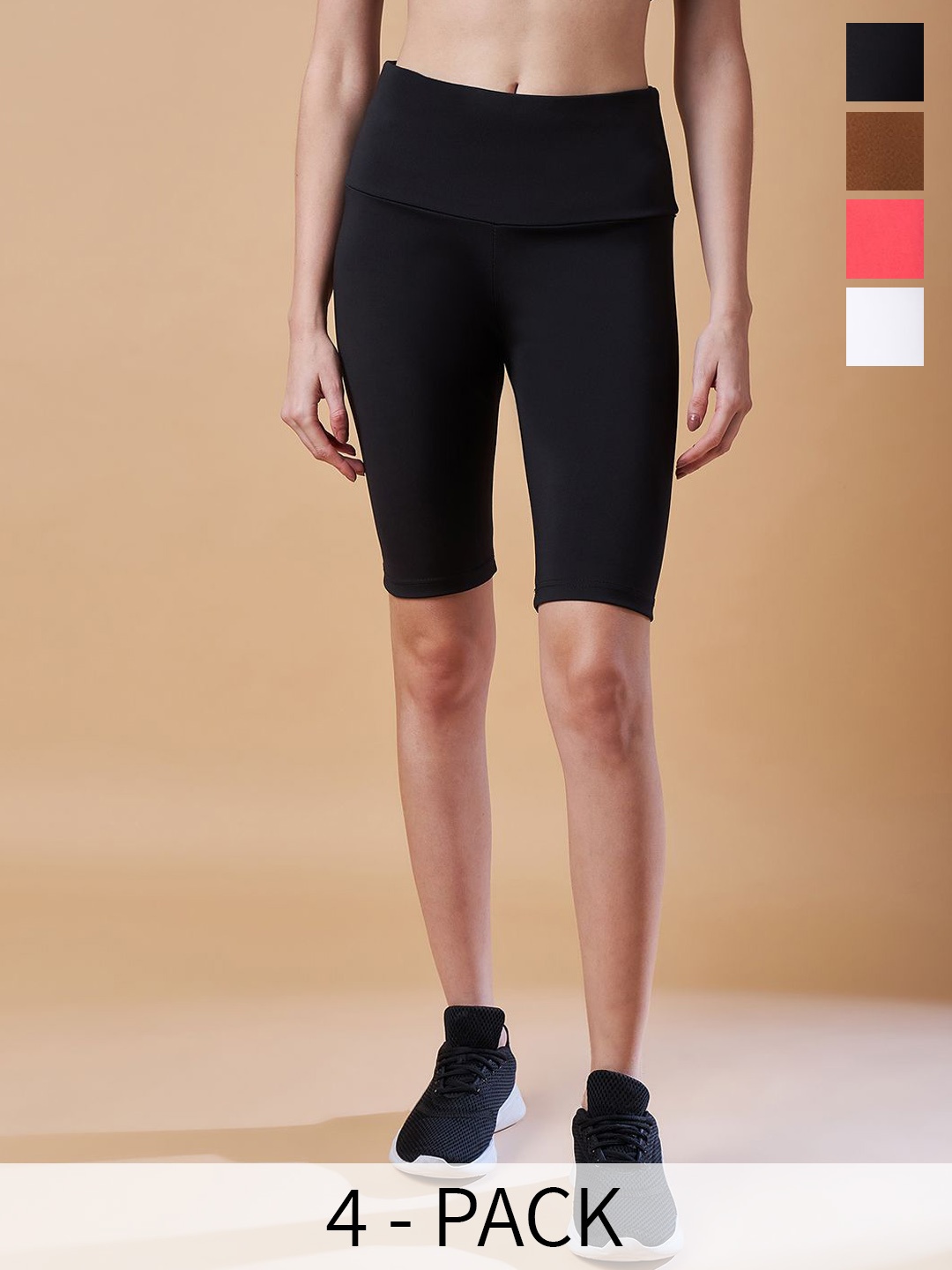 COLOR CAPITAL Women Pack Of 4 High Rise Antimicrobial Sports Tights, Black