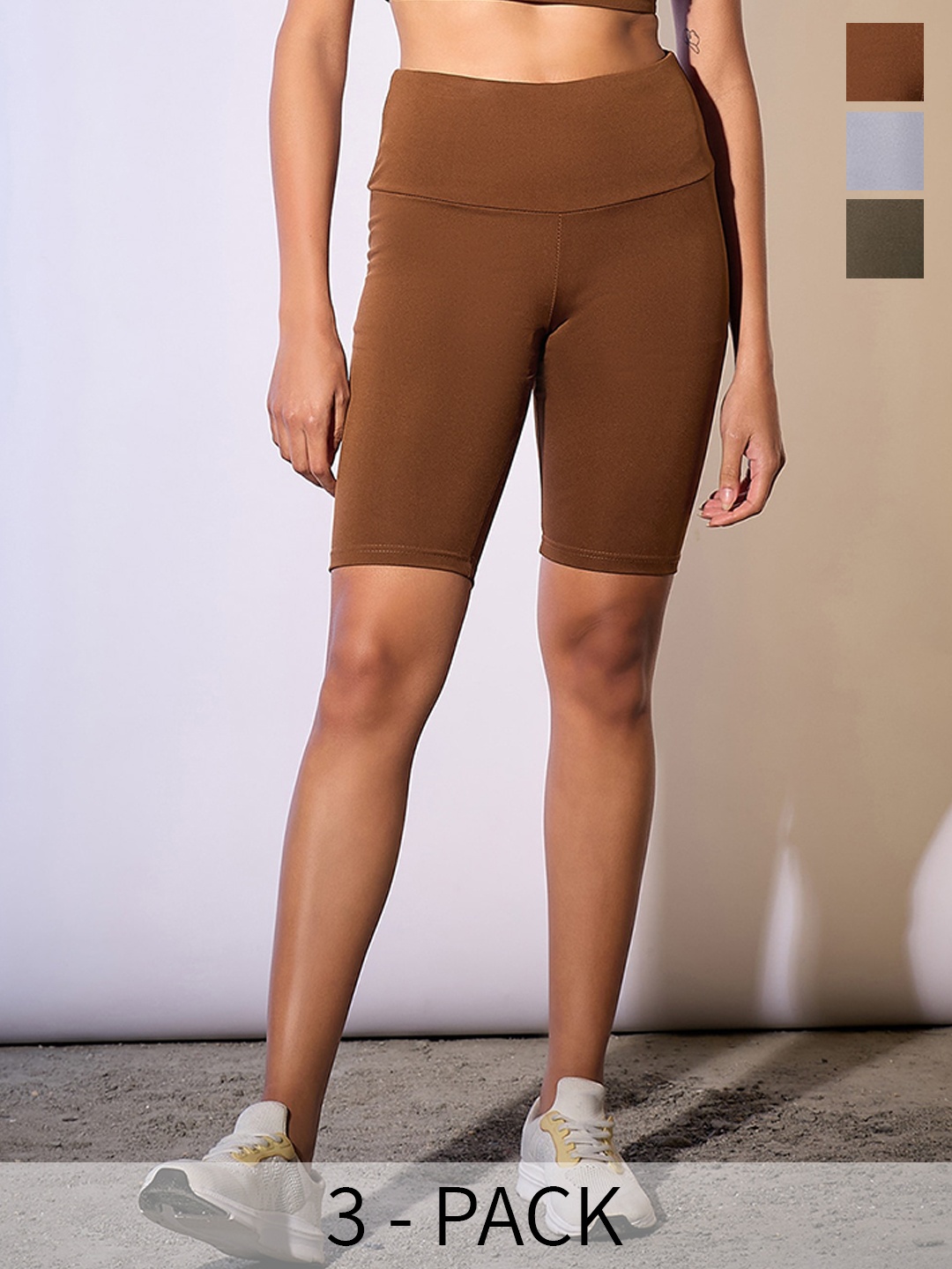 

COLOR CAPITAL Pack of 3 Above knee-Length Gym Tights, Coffee brown