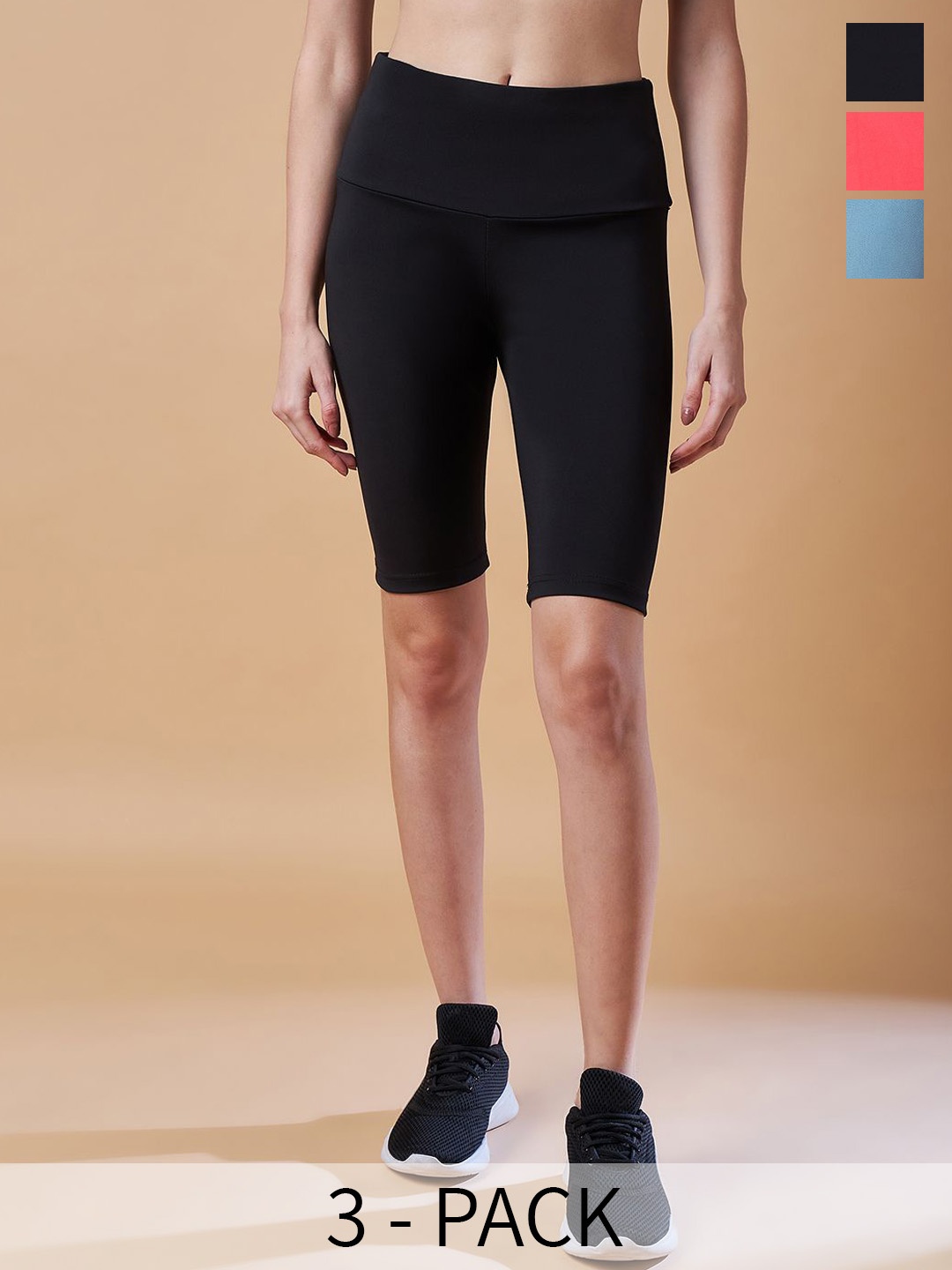 

COLOR CAPITAL Women Pack Of 3 Antimicrobial Above Knee Length Training Tights, Black