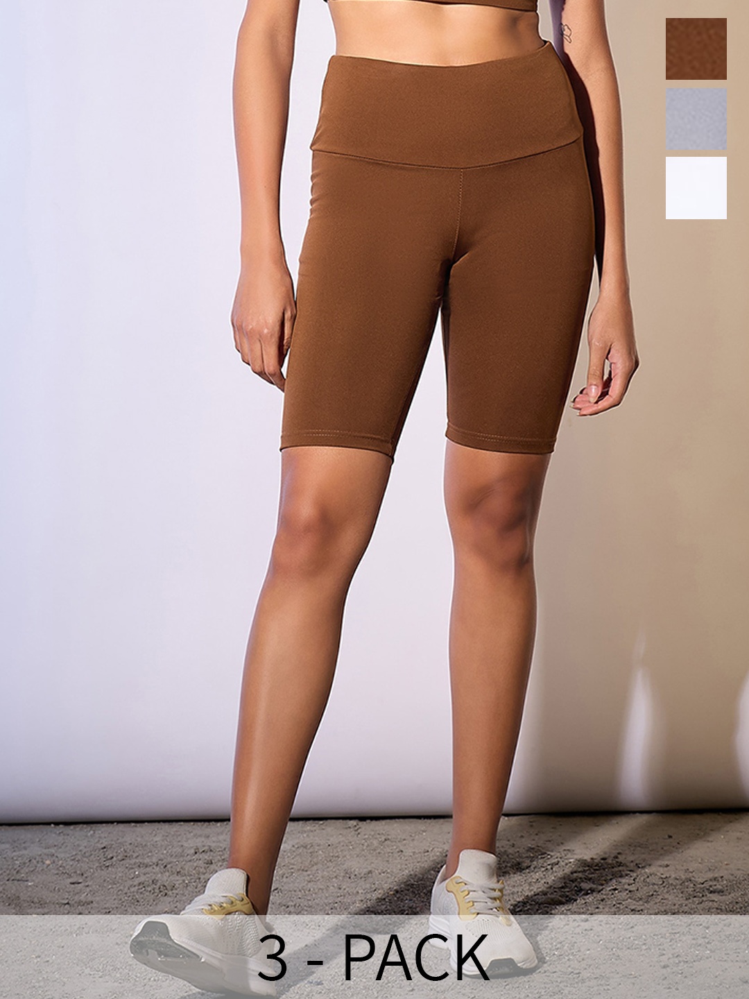 

COLOR CAPITAL Women Pack Of 3 AbQC COMPLETEDove Knee-Length Gym Tights, Coffee brown