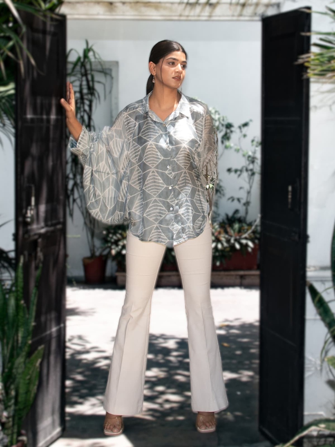 

Peepul Tree Abstract Printed Shirt Collar Bishop Sleeves Shirt Style Top, Grey
