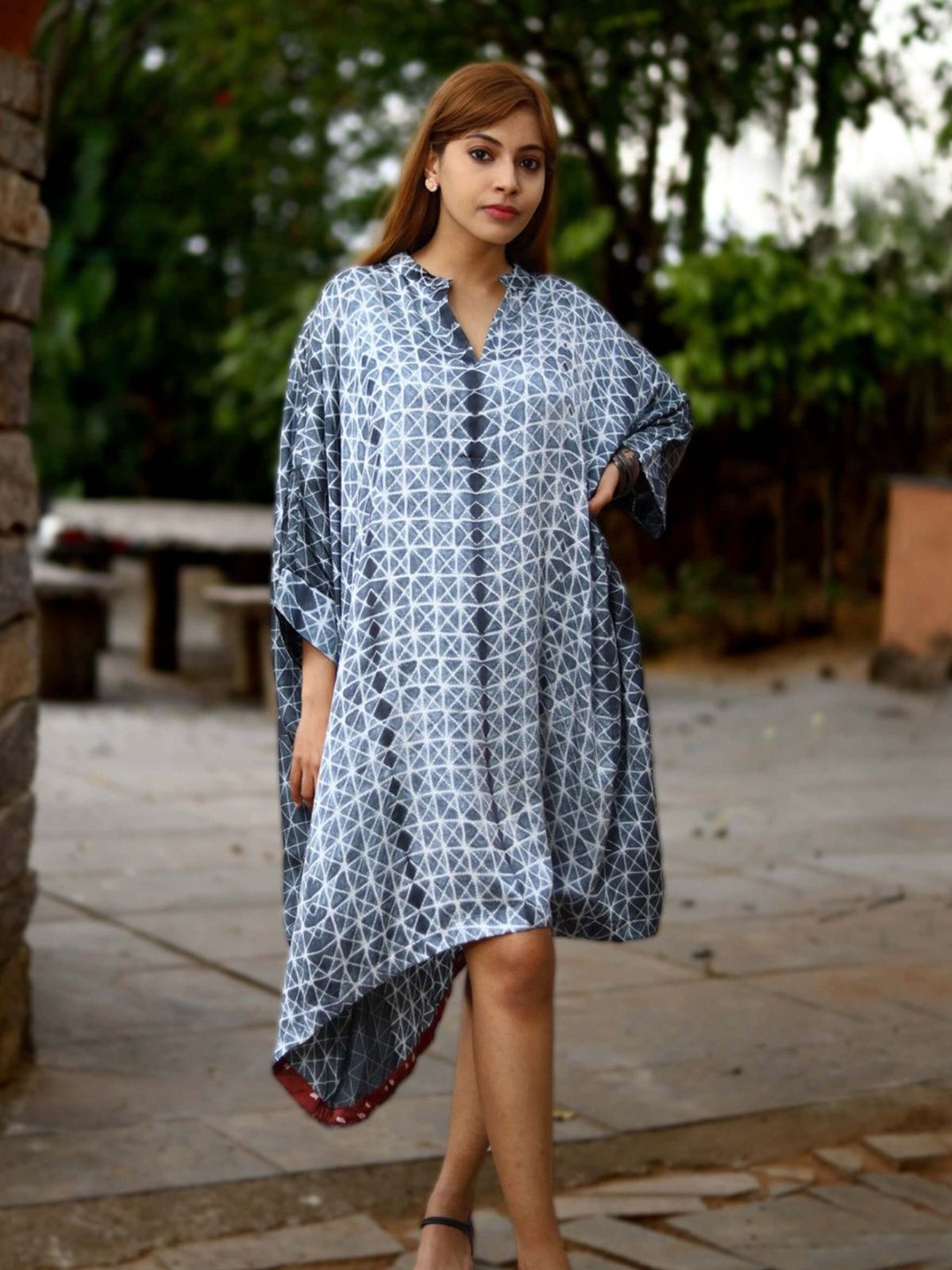 

Peepul Tree Anstract Printed Mandarin Collar Extended Sleeves A-Line Dress, Grey
