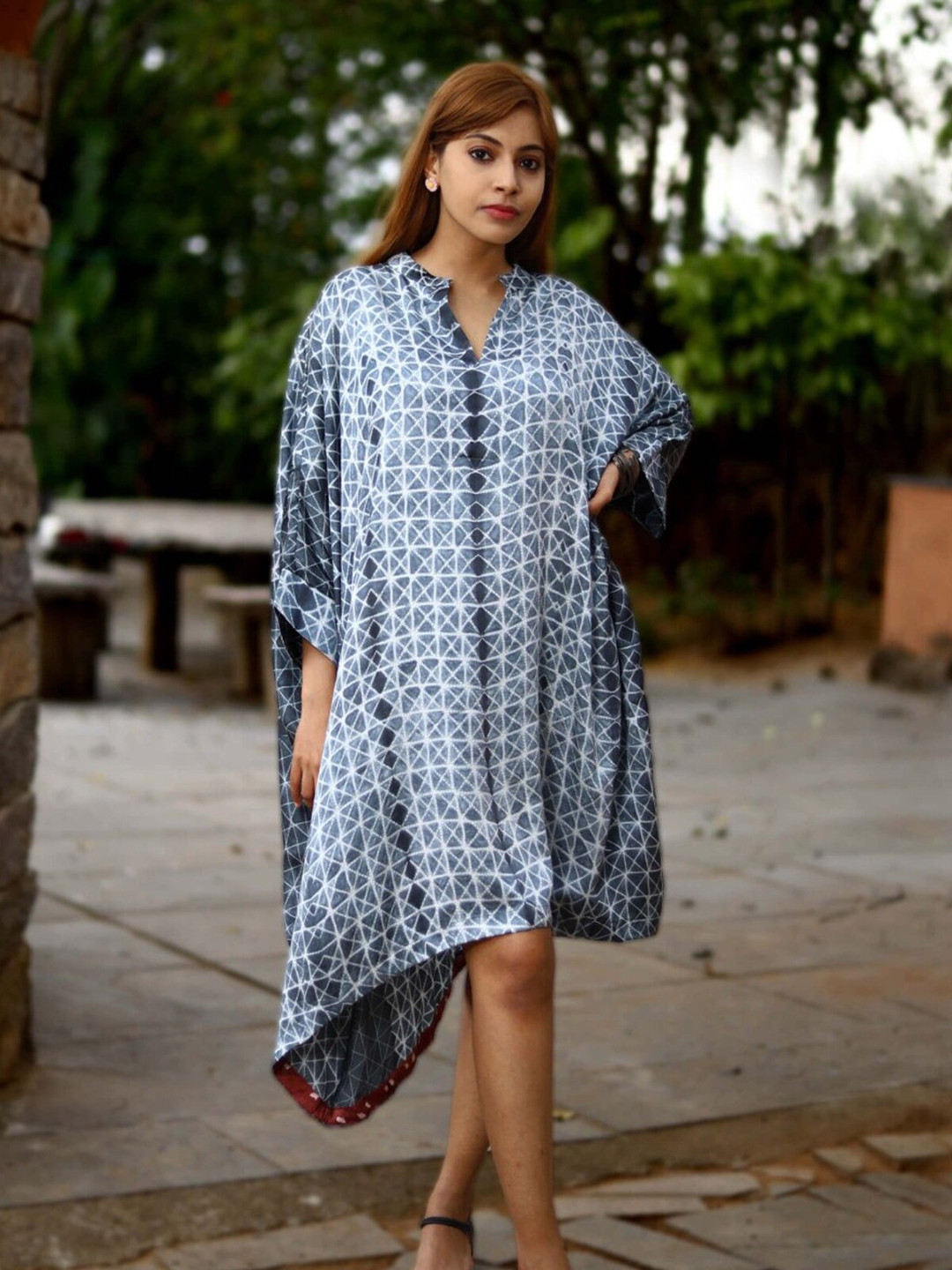 

Peepul Tree Printed Mandarin Collar Long Sleeves Modal A-Line Dress, Grey