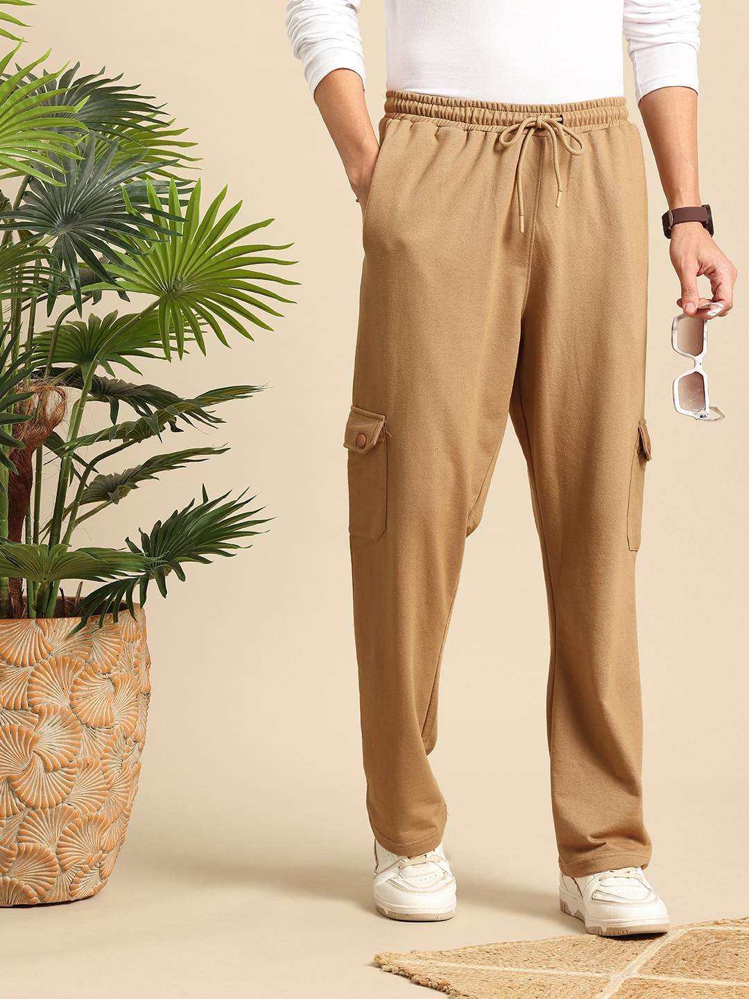 

Mast & Harbour Men Relaxed Fit Cargo Style Track Pants, Beige