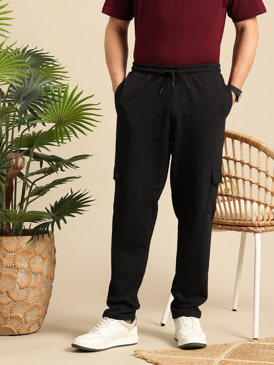 

Mast & Harbour Men Relaxed Fit Cargo Style Track Pants, Black
