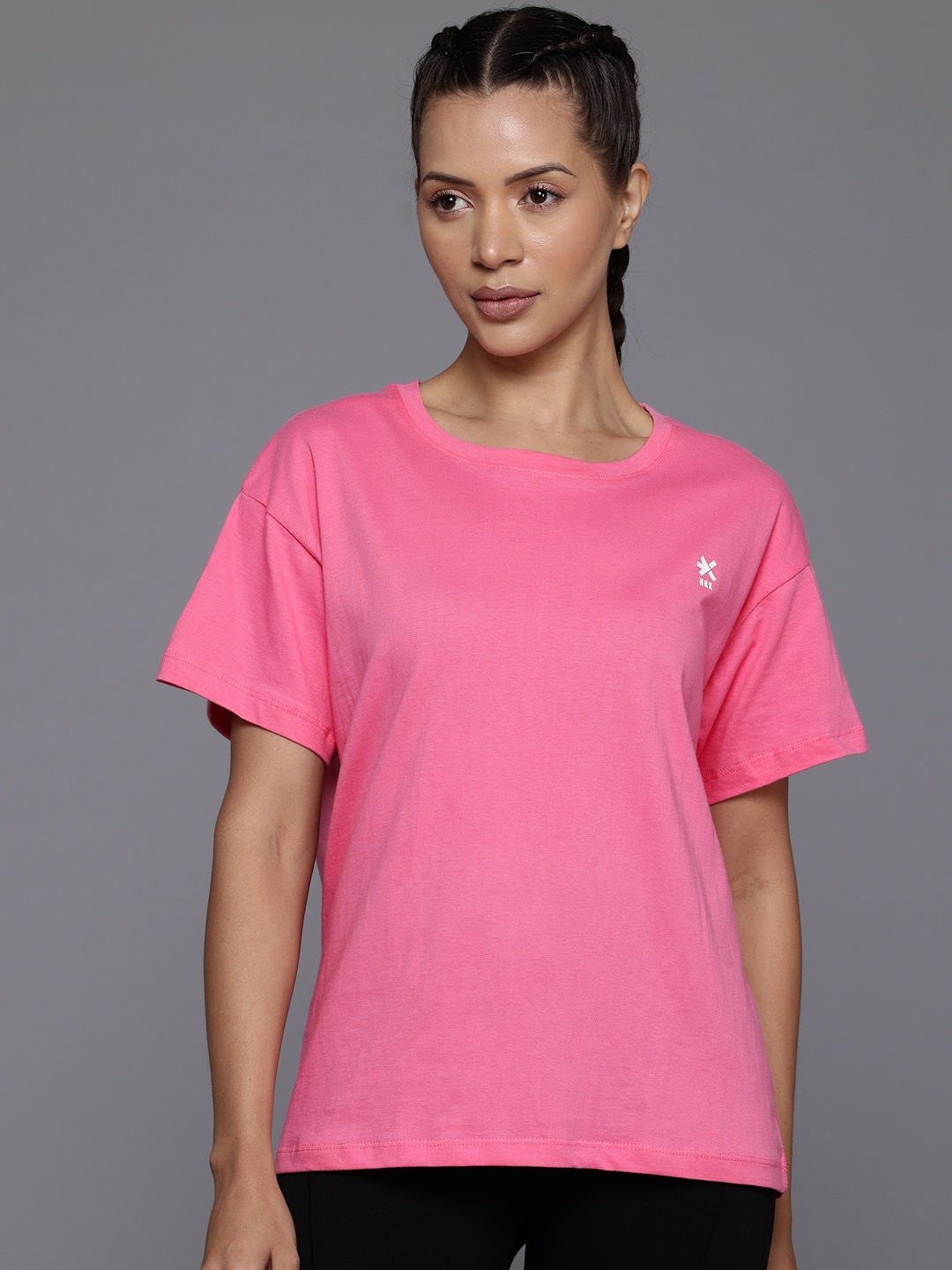 

HRX by Hrithik Roshan Drop-Shoulder Sleeves Pure Cotton Training T-shirt, Pink