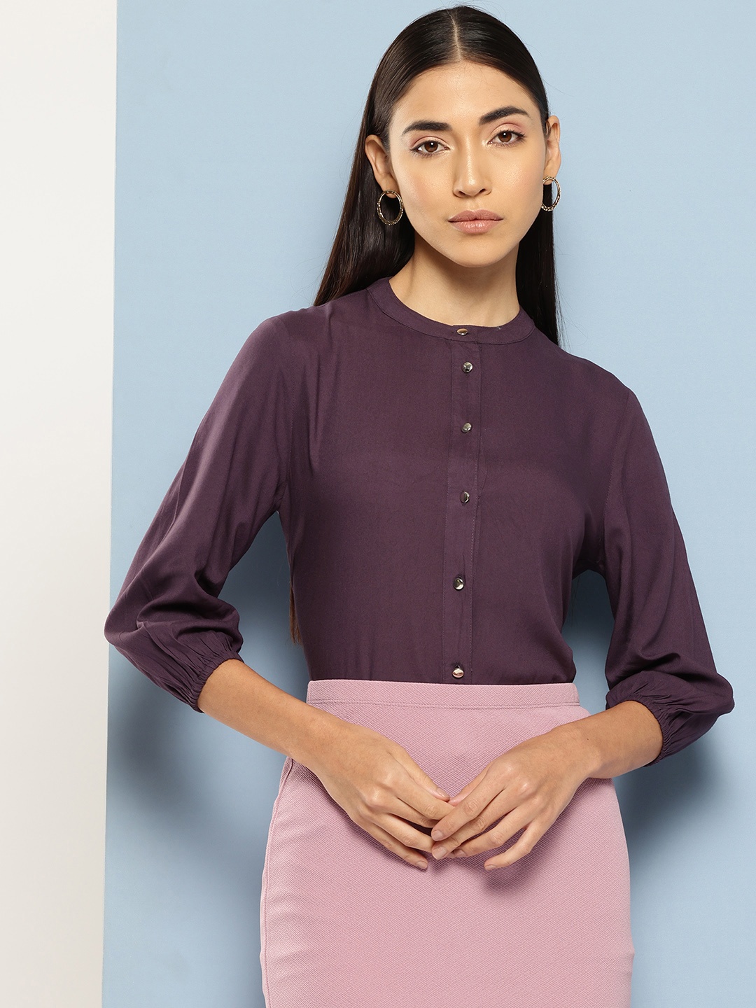 

Chemistry Band Collar Puff Sleeve Shirt, Purple