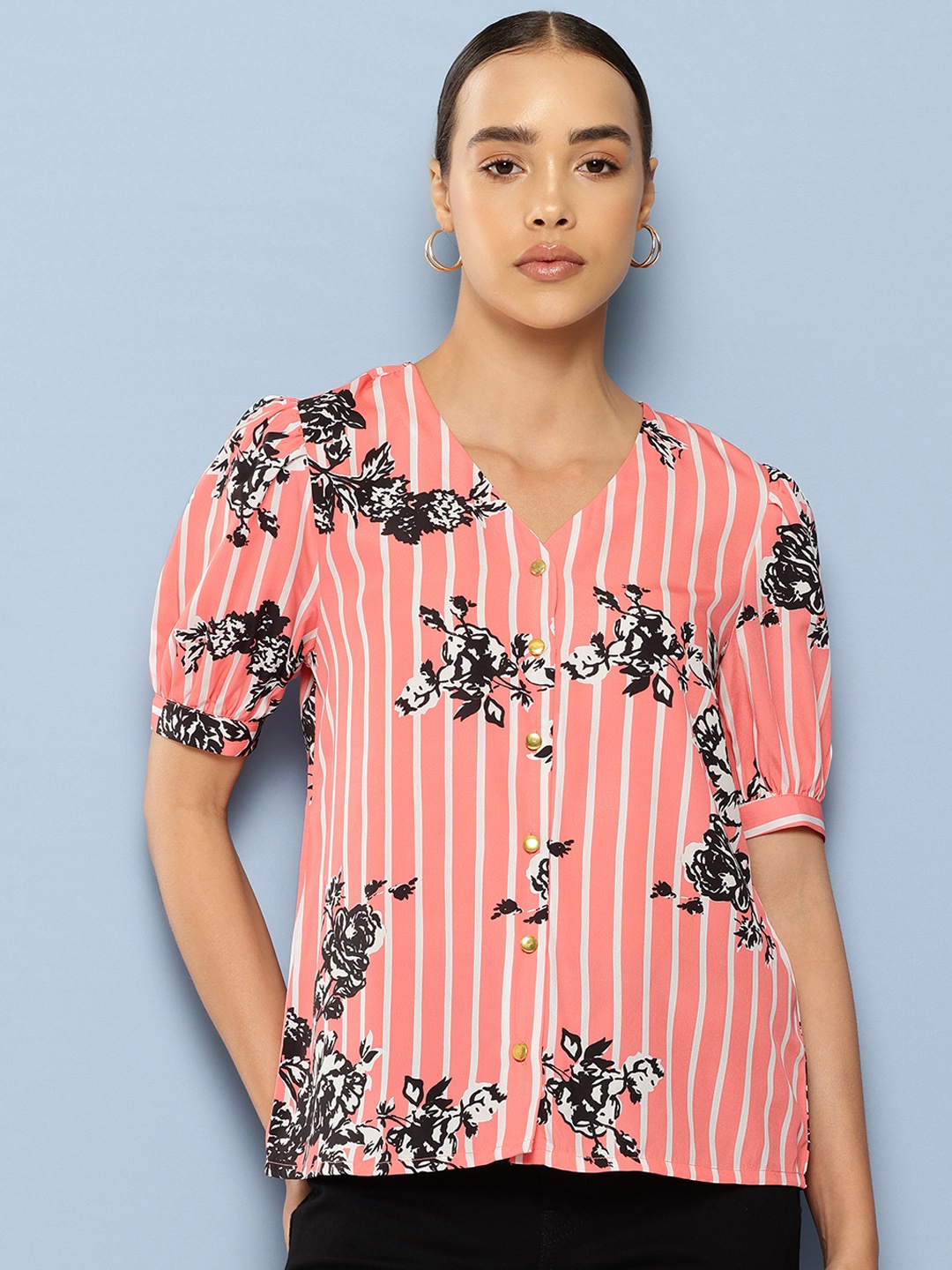 

Chemistry Puff Sleeves Printed Casual Shirt, Coral