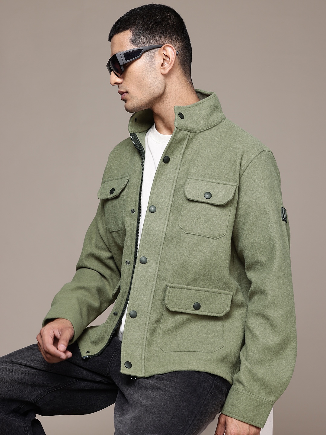 

The Roadster Lifestyle Co. Solid Mock Collar Tailored Jacket, Olive