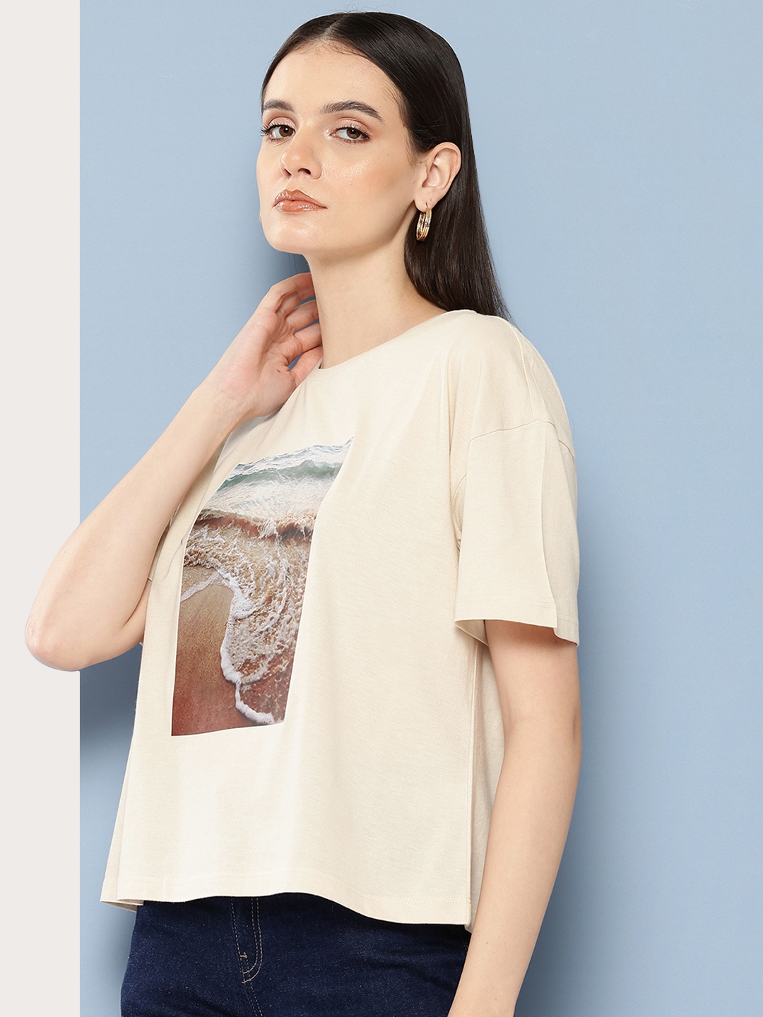 

Chemistry Printed Drop-Shoulder Sleeves T-shirt, Beige