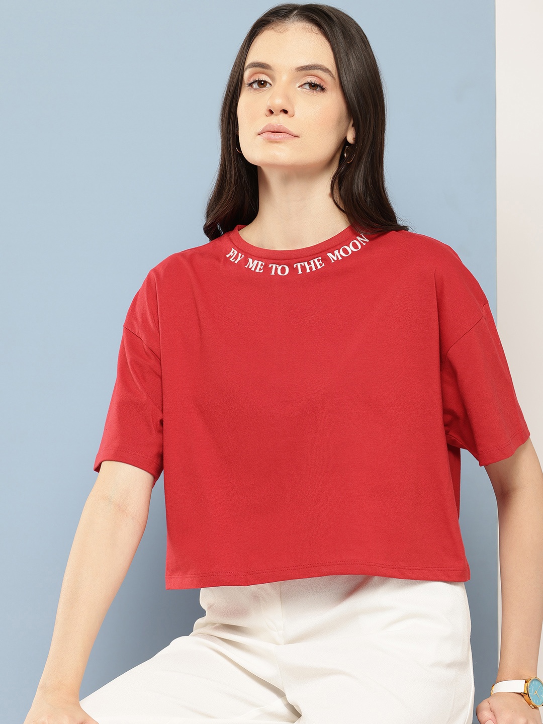 

Chemistry Embroidered Drop-Shoulder Sleeves Boxy T-shirt, Red