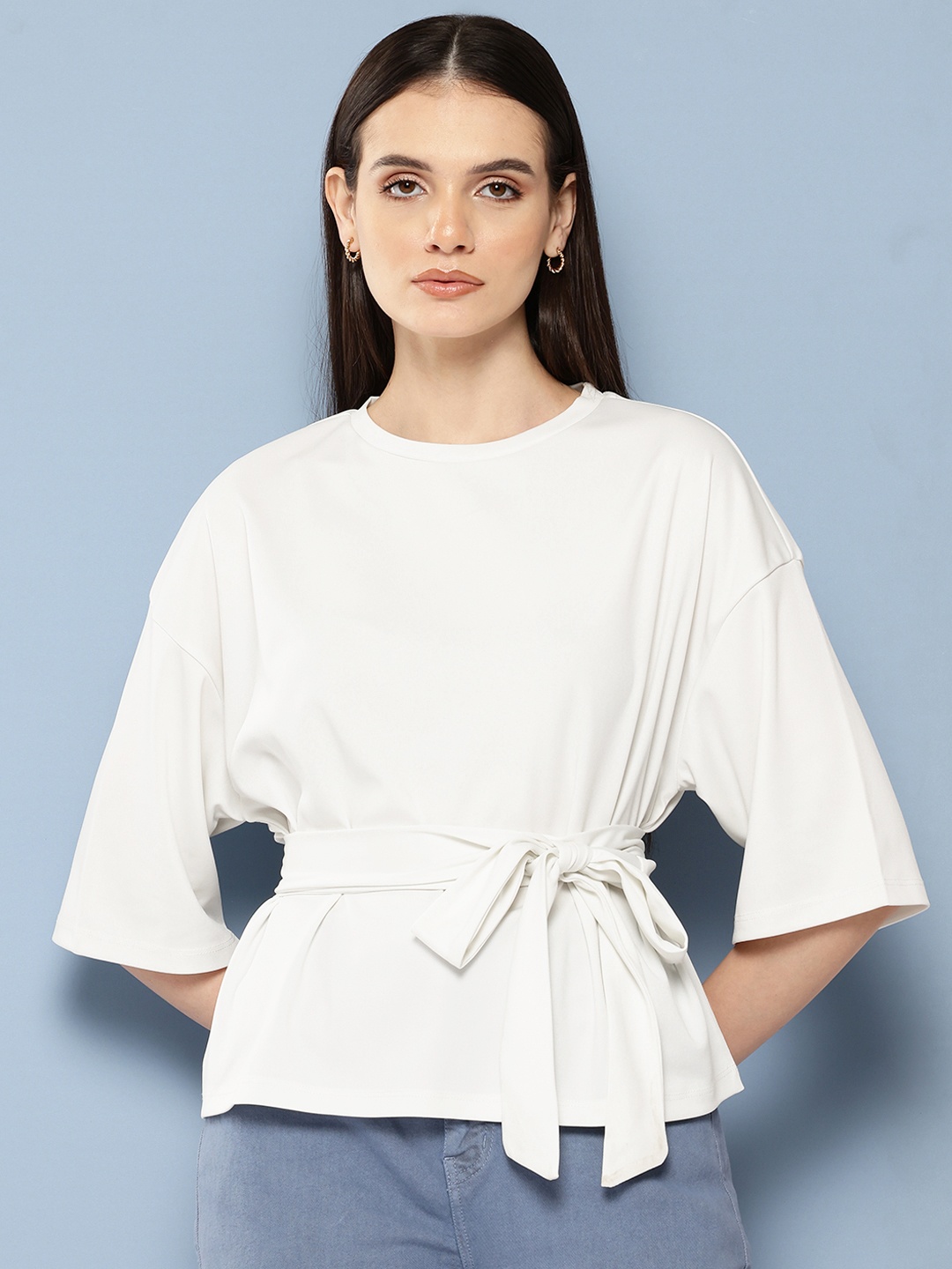 

Chemistry Tie-Up Belt Drop-Shoulder Sleeves Top, White