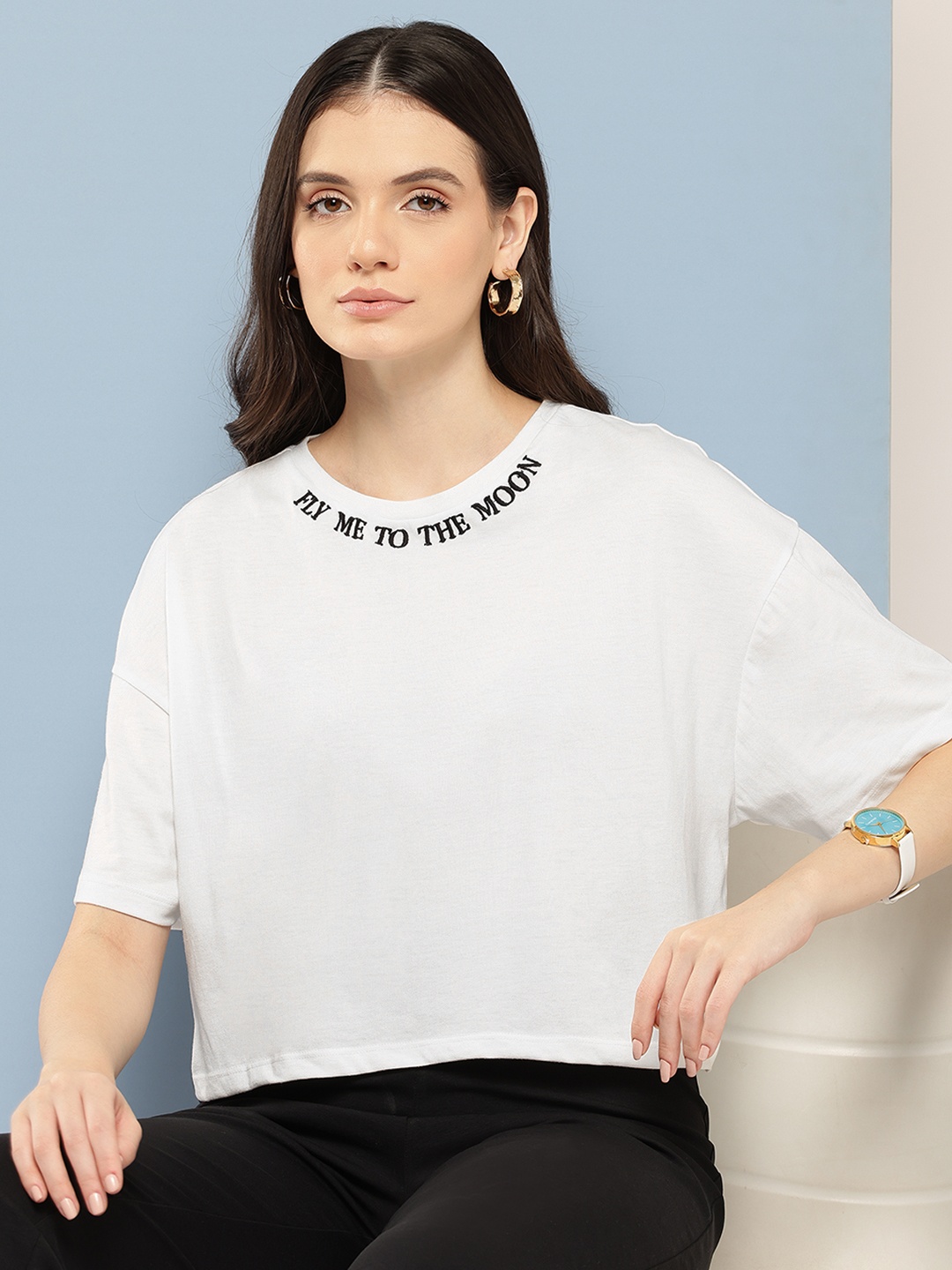 

Chemistry Embroidered Drop-Shoulder Sleeves Boxy T-shirt, White