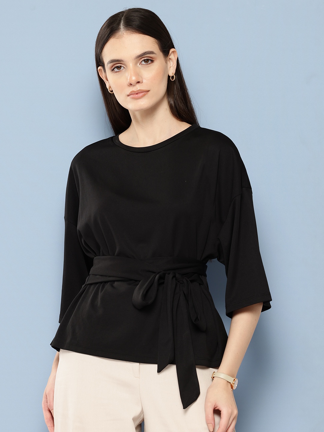

Chemistry Waist Tie-Up Regular Top, Black