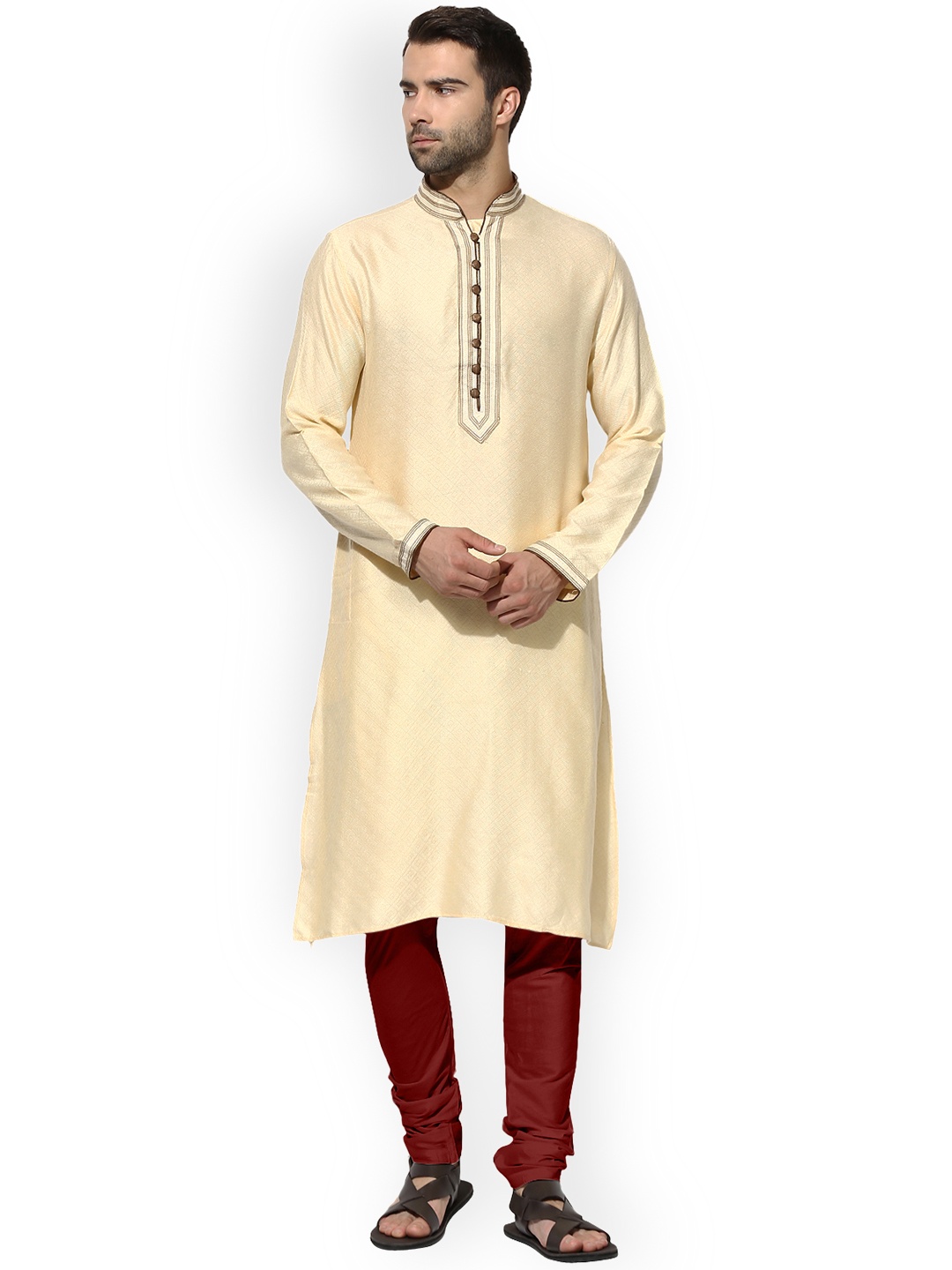 

KISAH Men Beige & Maroon Self Design Kurta with Churidar