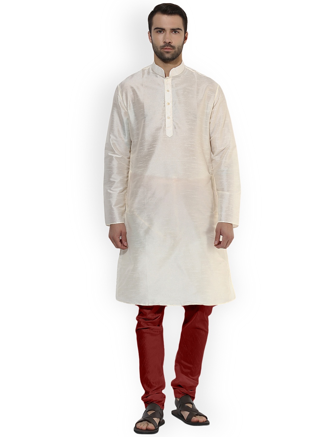 

KISAH Men Off-White & Maroon Self Design Kurta with Churidar