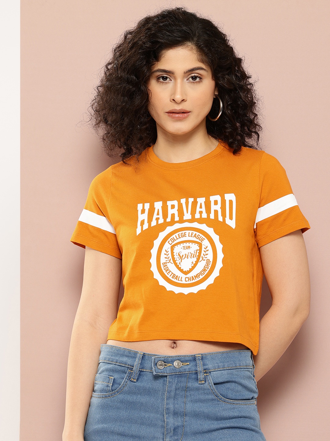 

Harvard Women Brand Logo Printed Pure Cotton Crop T-shirt, Mustard