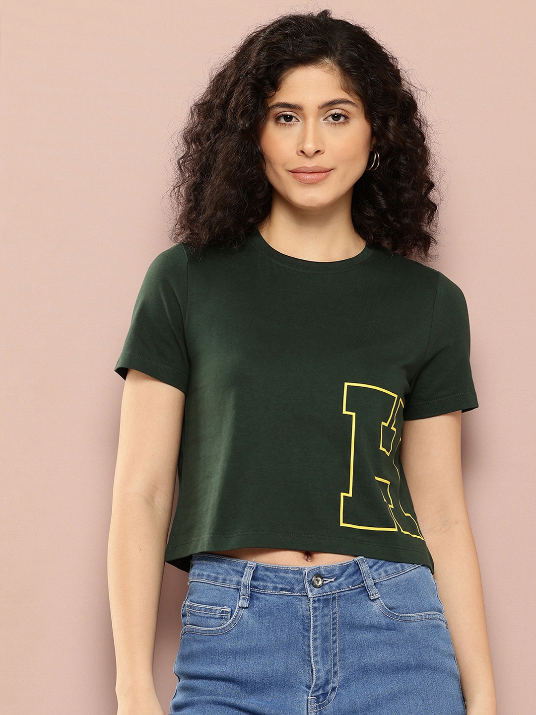 

Harvard Women Brand Logo Printed Pure Cotton Crop T-shirt, Green