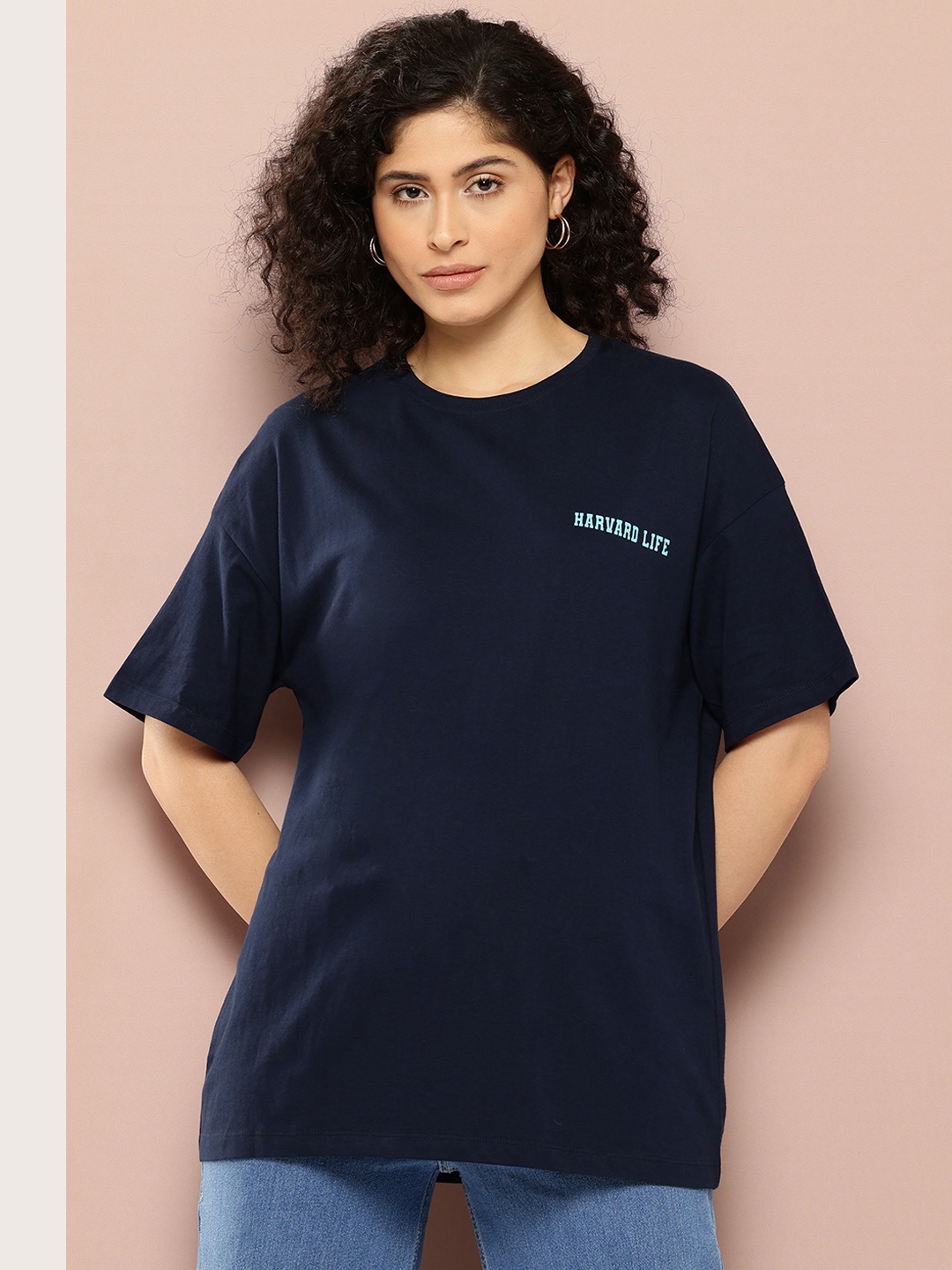 

Harvard Women Typography Printed Pure Cotton Oversized T-shirt, Navy blue