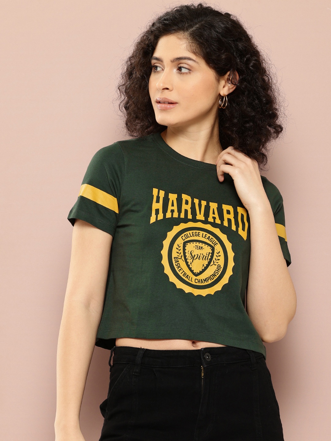 

Harvard Women Brand Logo Printed Pure Cotton Crop T-shirt, Green