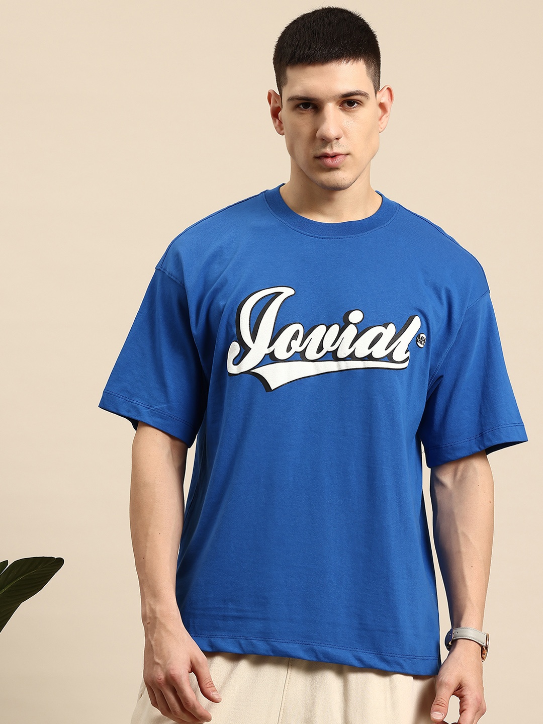 

Mast & Harbour Typography Printed Drop-Shoulder Sleeves Relaxed T-shirt, Blue