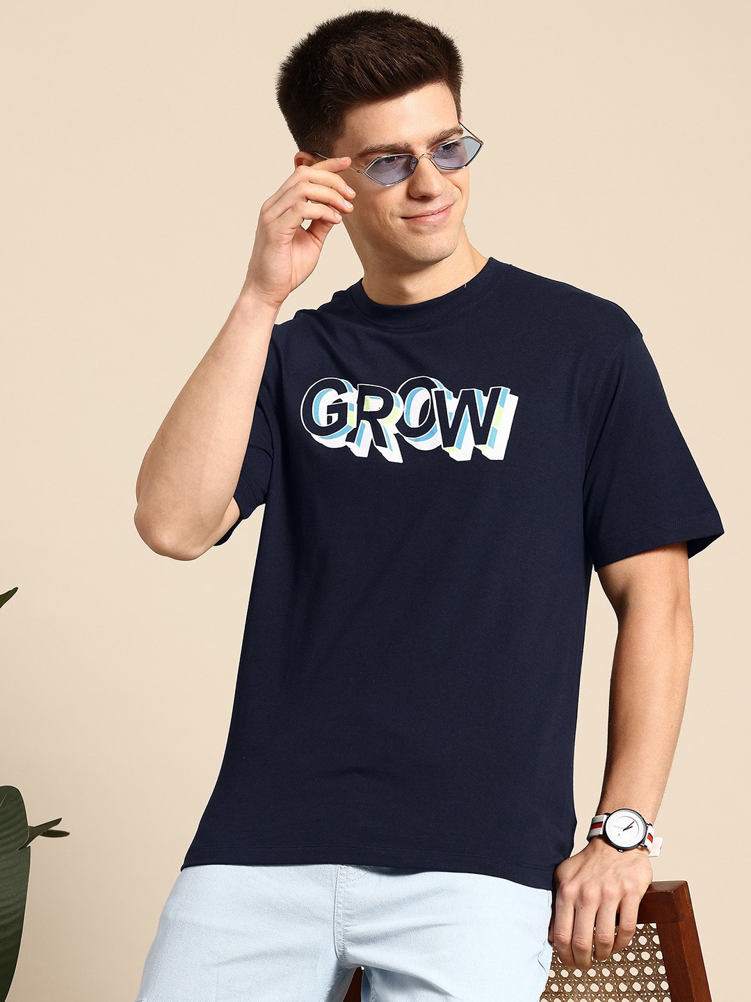 

Mast & Harbour Typography Printed Drop-Shoulder Sleeves T-shirt, Navy blue