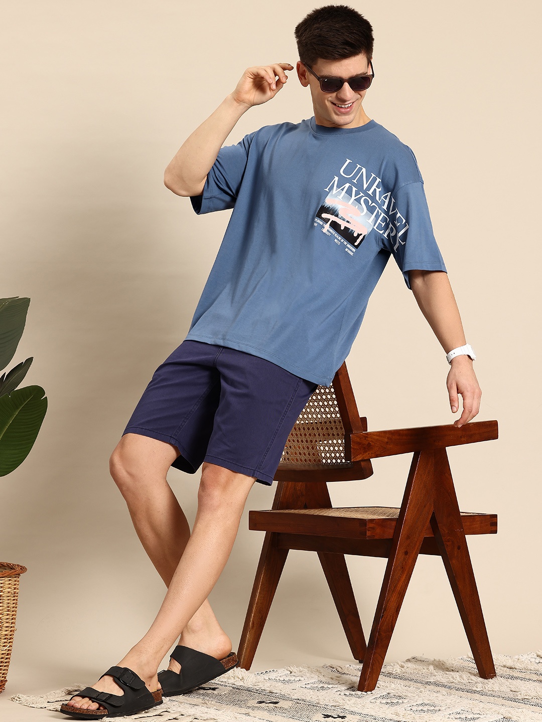 

Mast & Harbour Printed Drop-Shoulder Sleeves T-shirt, Blue