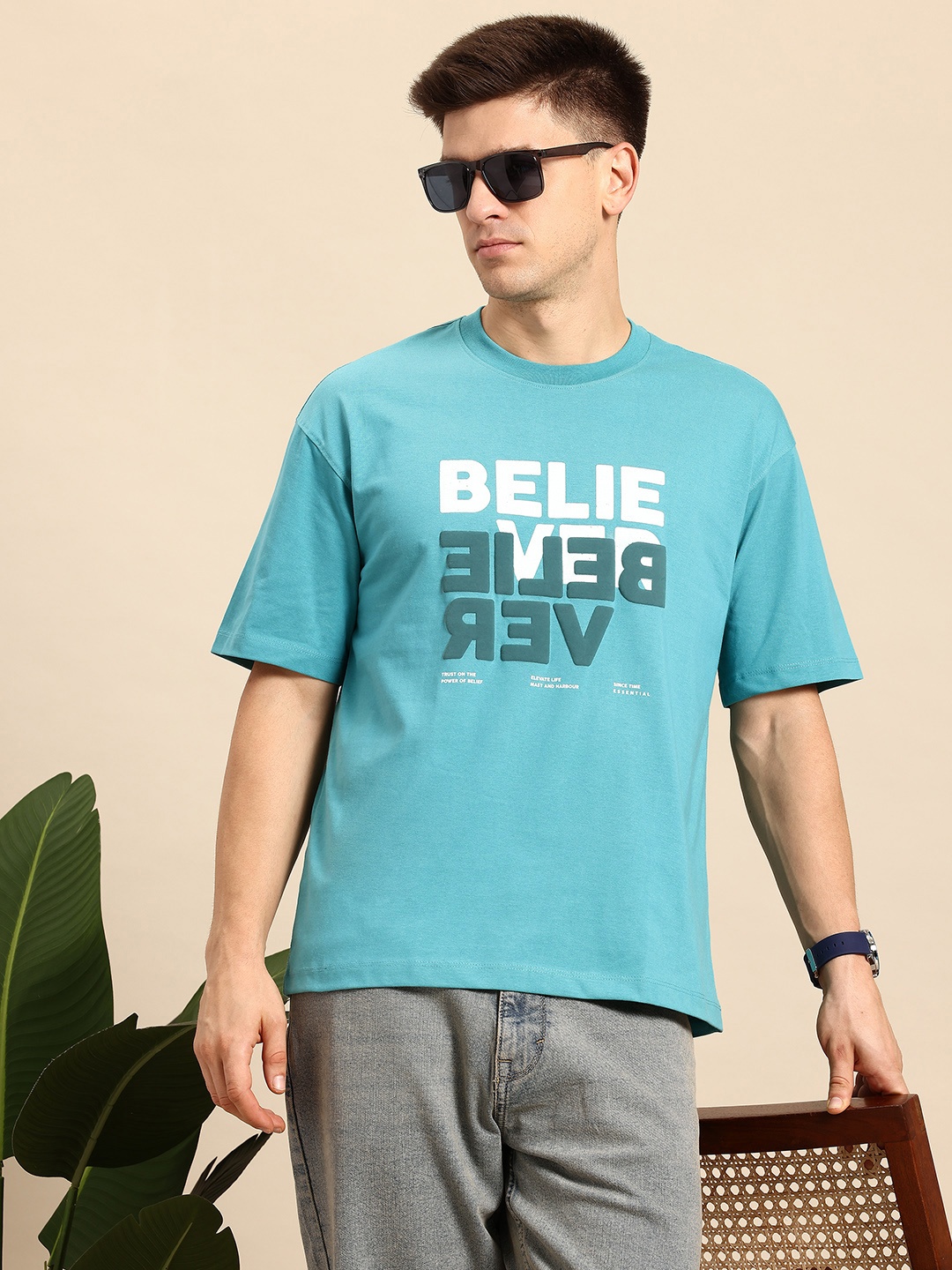 

Mast & Harbour Typography Print Drop-Shoulder Sleeves T-shirt, Sea green