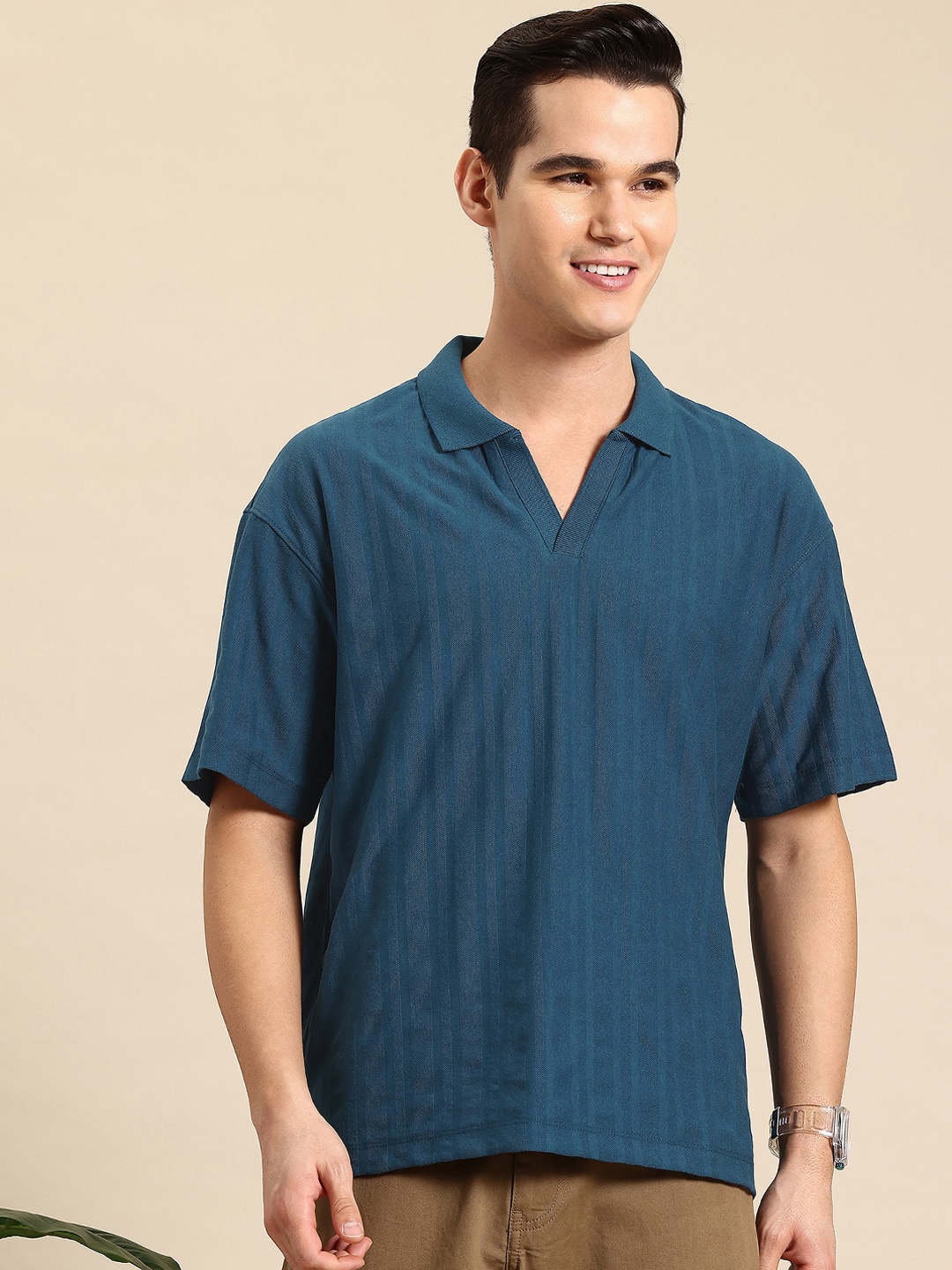 

Mast & Harbour Self-Design Polo Collar Drop-Shoulder Sleeves T-shirt, Teal