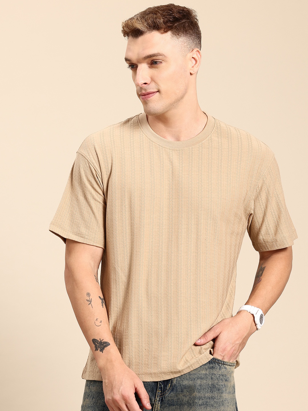 

Mast & Harbour Textured Self-Striped T-shirt, Beige
