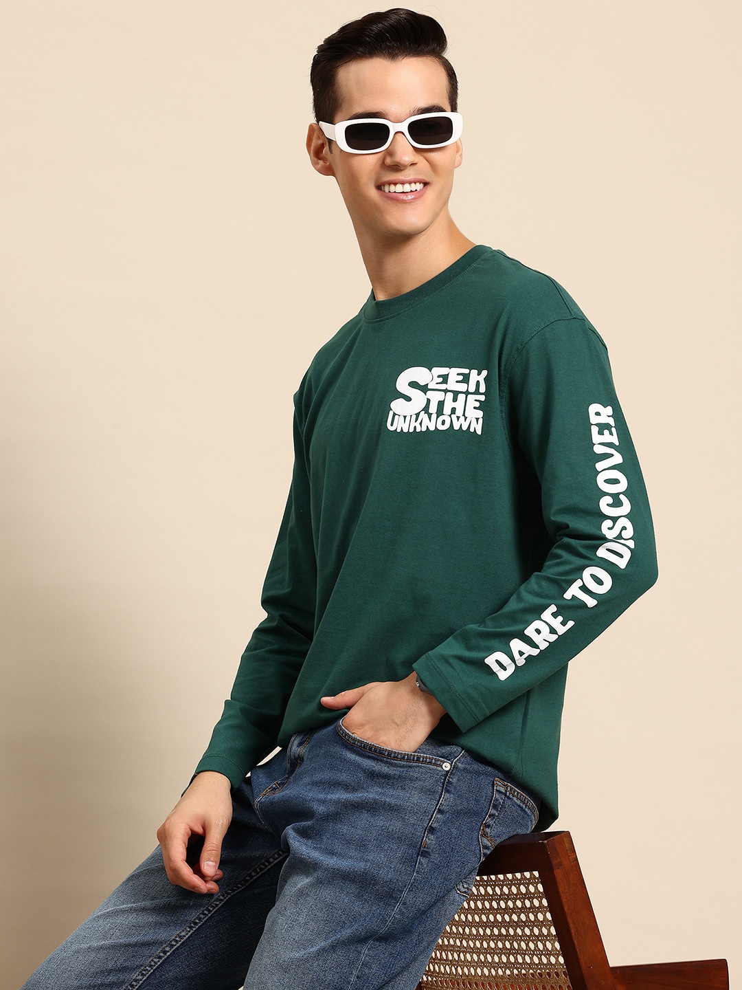 

Mast & Harbour Printed Drop-Shoulder Sleeves T-shirt, Green