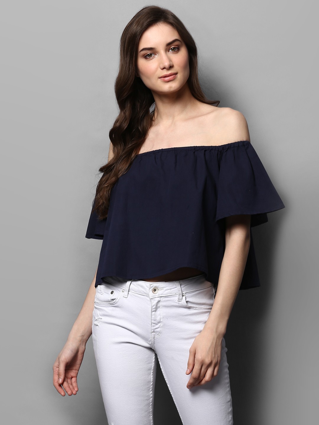 

STREET 9 Women Navy Blue Solid Bardot Top