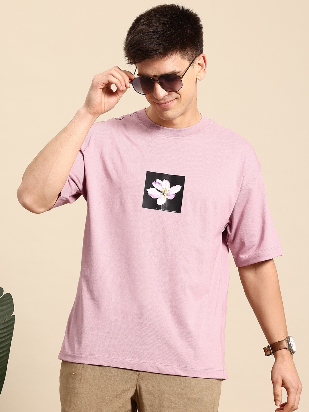 

Mast & Harbour Men Floral Printed Drop-Shoulder Sleeves T-shirt, Pink