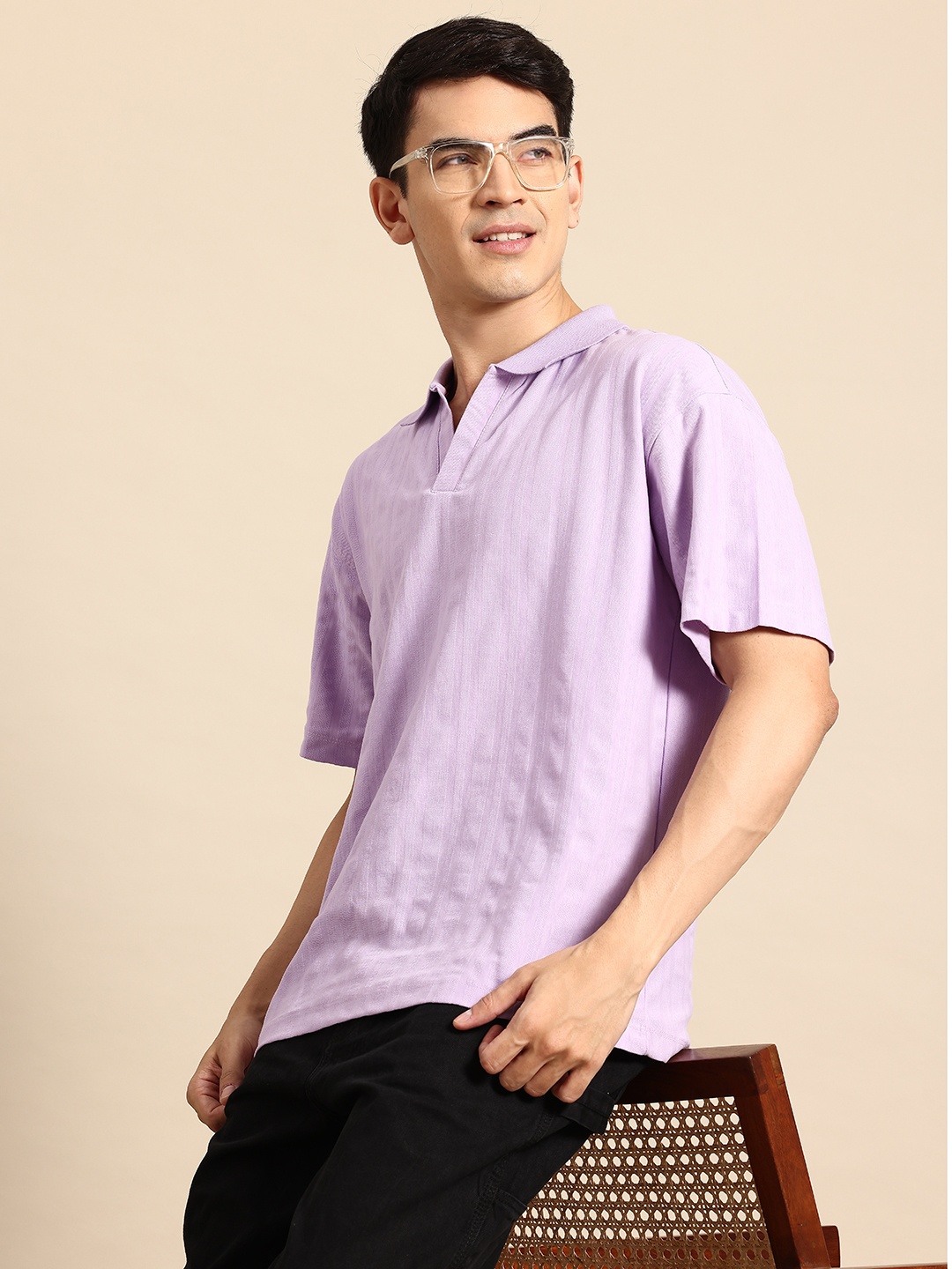 

Mast & Harbour Men Polo Collar Self Striped T-shirt, Lavender