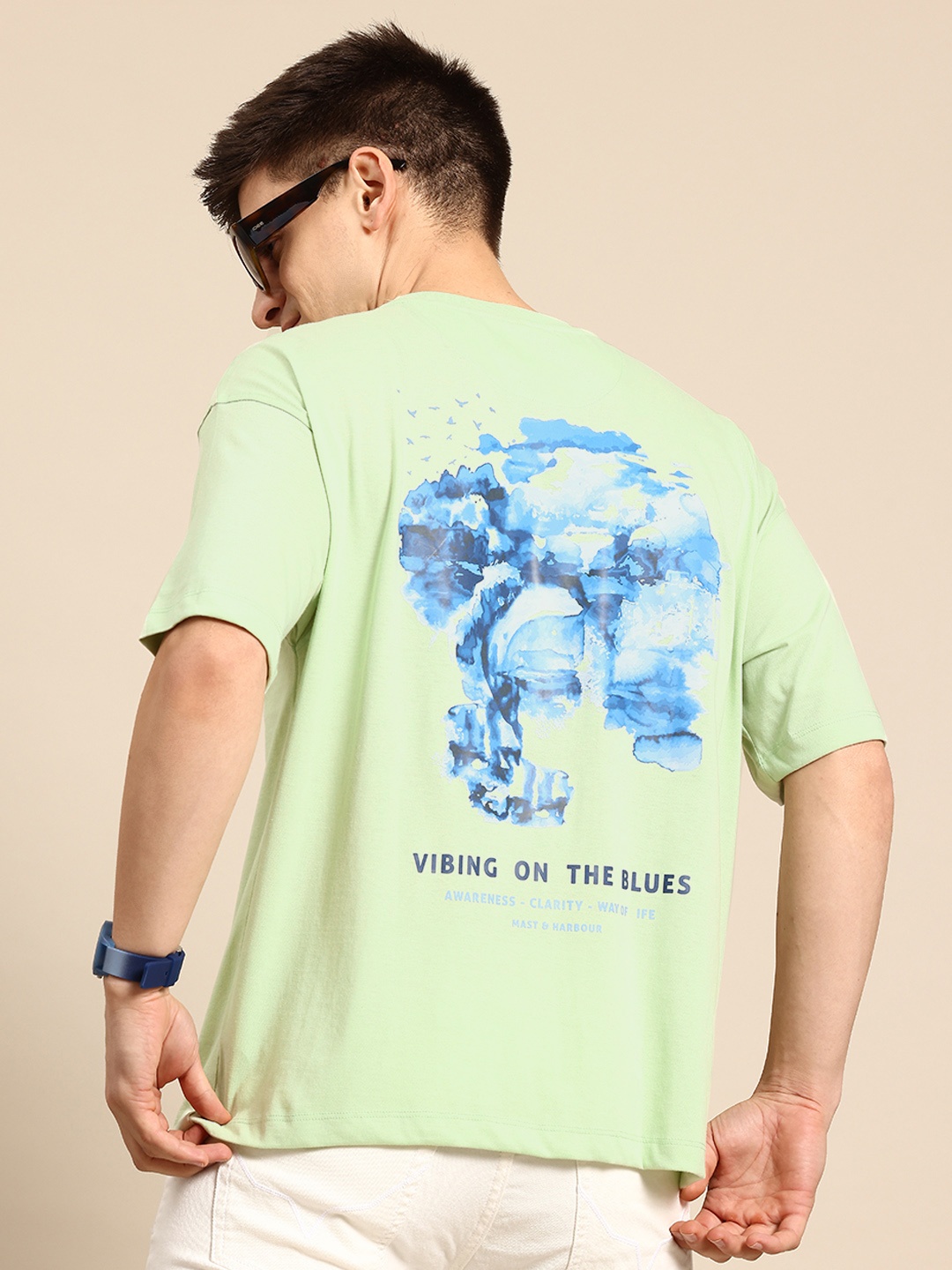 

Mast & Harbour Printed Drop-Shoulder Sleeves T-shirt, Green